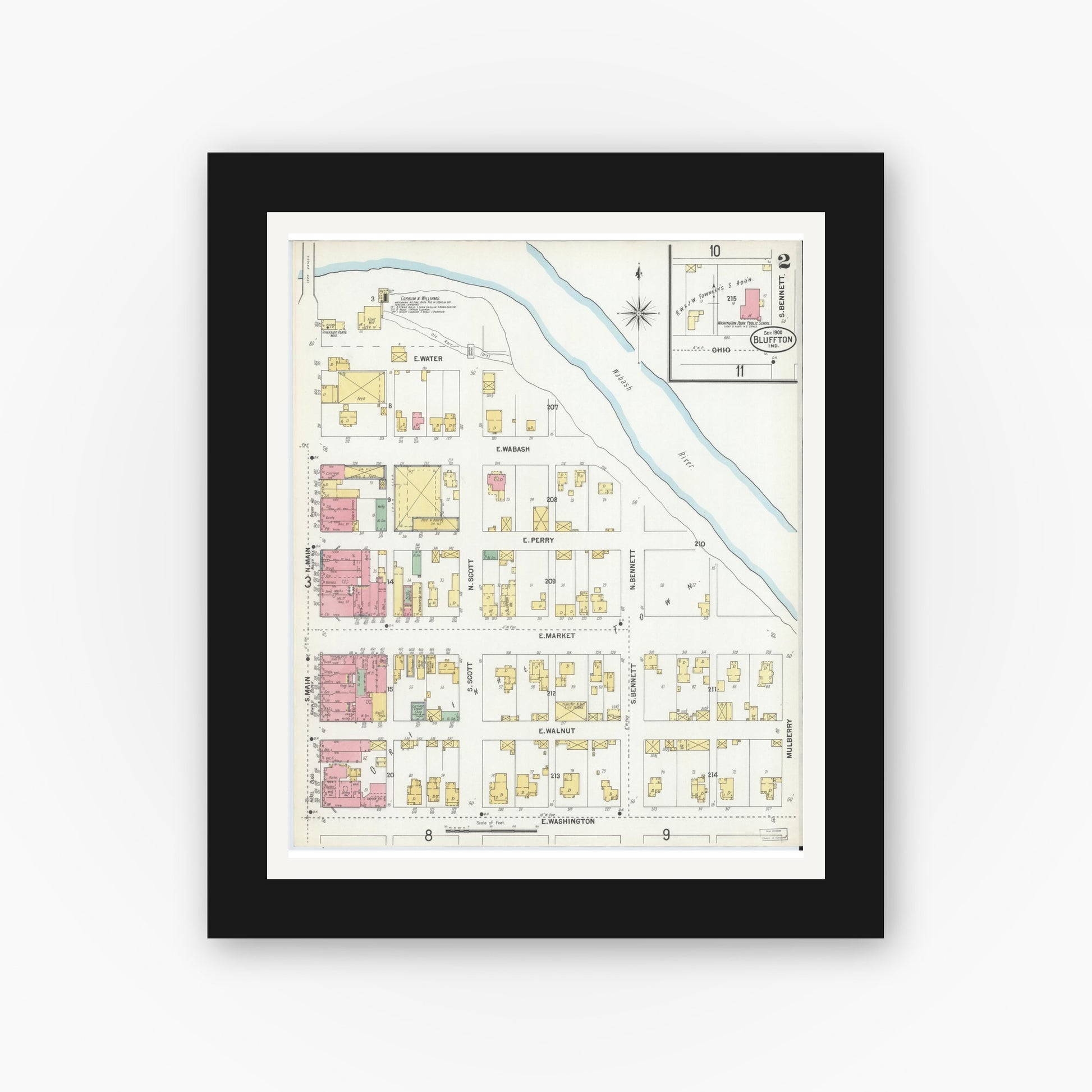 Old map wall art mockup — black gallery frame with white mat — Sanborn Fire Insurance Map from Bluffton, Wells County, Indiana (1900), Sheet #0002