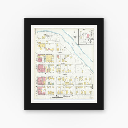 Old map wall art mockup — black gallery frame with white mat — Sanborn Fire Insurance Map from Bluffton, Wells County, Indiana (1900), Sheet #0002
