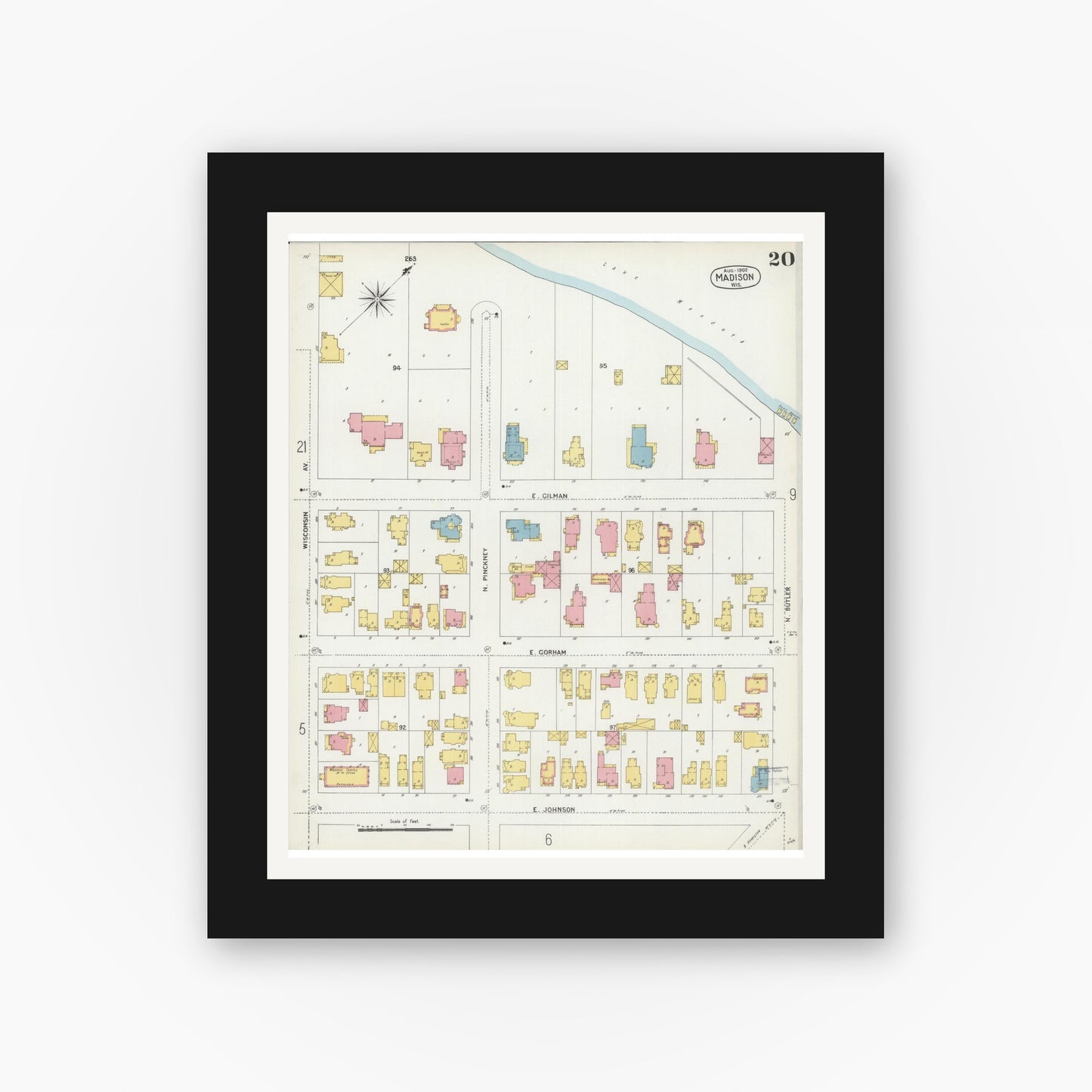 Old map wall art mockup — black gallery frame with white mat — Sanborn Fire Insurance Map from Madison, Dane County, Wisconsin (1902), Sheet #0020