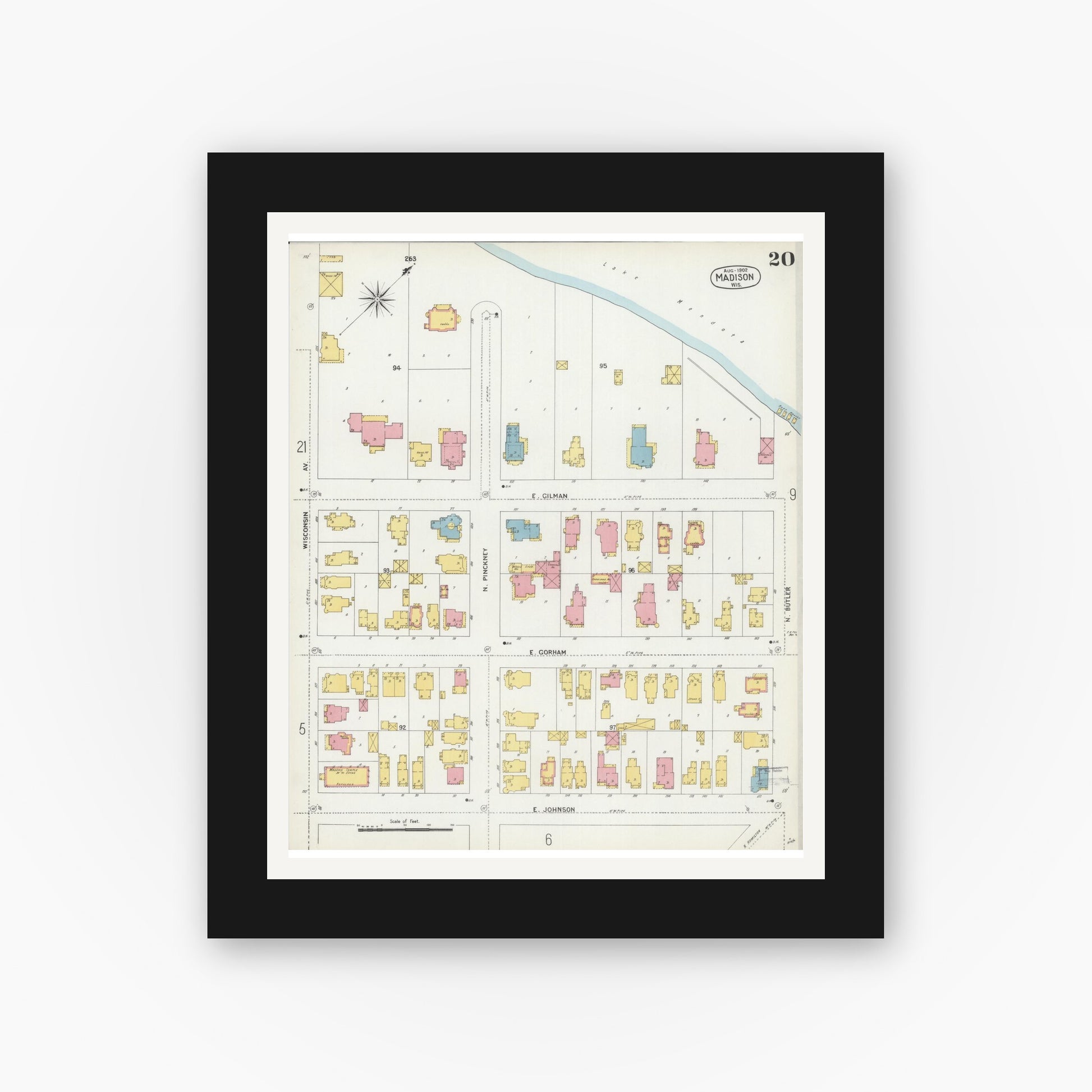 Old map wall art mockup — black gallery frame with white mat — Sanborn Fire Insurance Map from Madison, Dane County, Wisconsin (1902), Sheet #0020