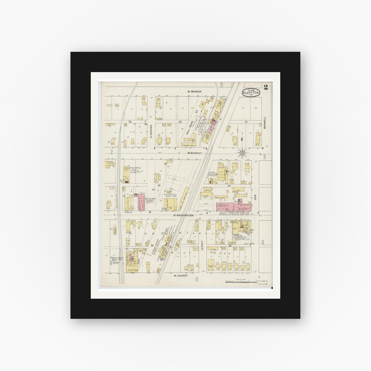Old map wall art mockup — black gallery frame with white mat — Sanborn Fire Insurance Map from Bluffton, Wells County, Indiana (1895), Sheet #0002