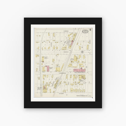 Old map wall art mockup — black gallery frame with white mat — Sanborn Fire Insurance Map from Bluffton, Wells County, Indiana (1895), Sheet #0002