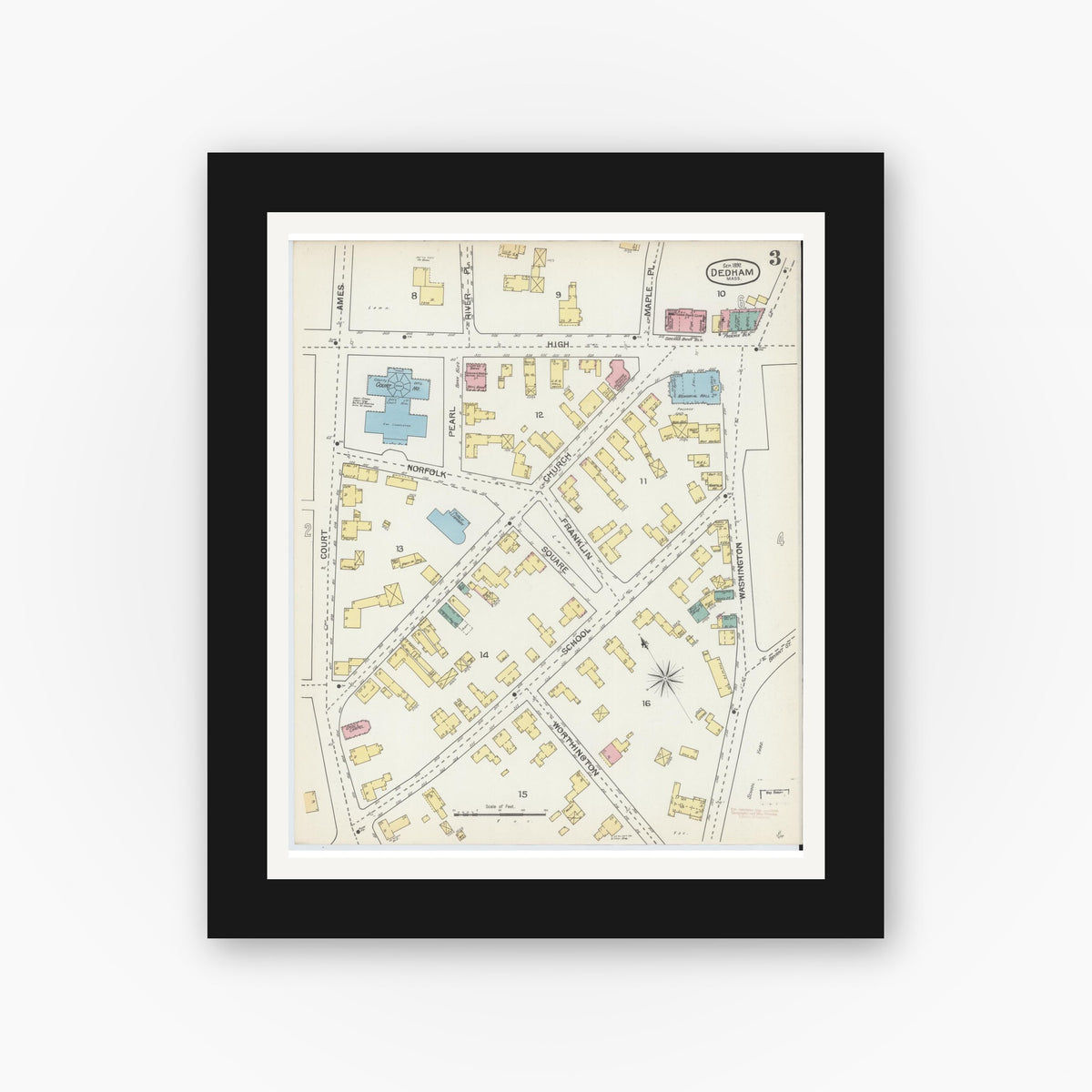 Old map wall art mockup — black gallery frame with white mat — Sanborn Fire Insurance Map from Dedham, Norfolk County, Massachusetts (1892), Sheet #0003