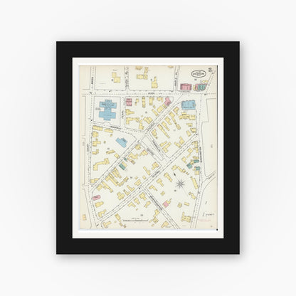 Old map wall art mockup — black gallery frame with white mat — Sanborn Fire Insurance Map from Dedham, Norfolk County, Massachusetts (1892), Sheet #0003