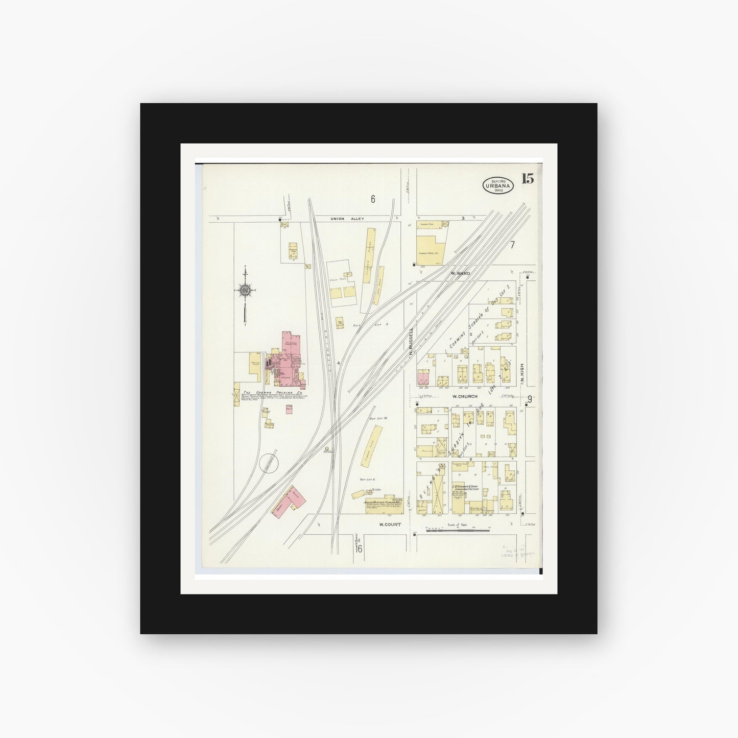 Old map wall art mockup — black gallery frame with white mat — Sanborn Fire Insurance Map from Urbana, Champaign County, Ohio (1910), Sheet #0015