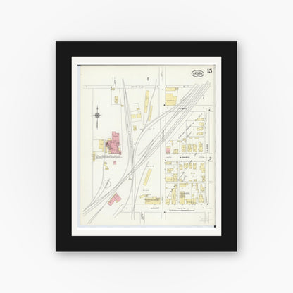 Old map wall art mockup — black gallery frame with white mat — Sanborn Fire Insurance Map from Urbana, Champaign County, Ohio (1910), Sheet #0015