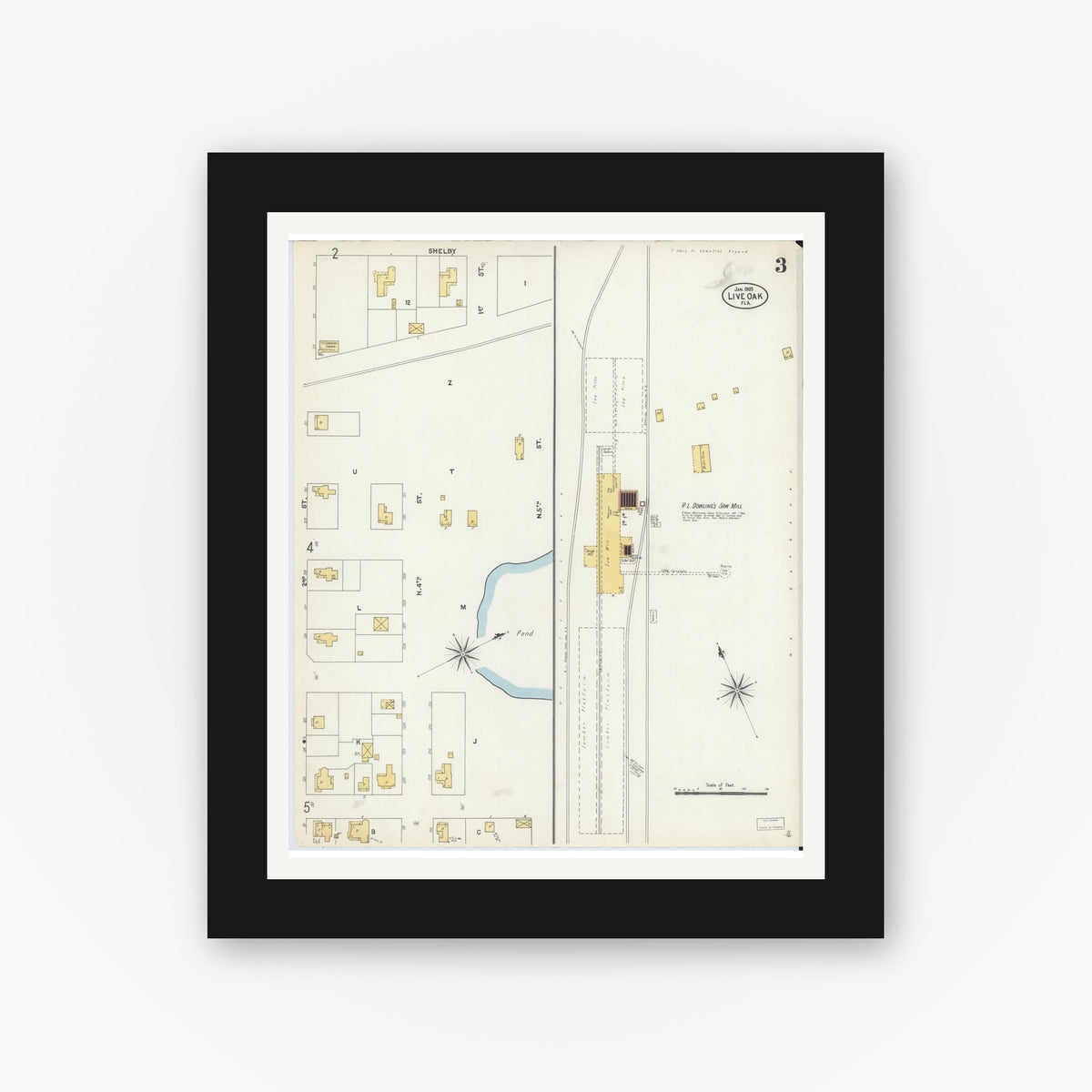 Old map wall art mockup — black gallery frame with white mat — Sanborn Fire Insurance Map from Live Oak, Suwanee County, Florida (1903), Sheet #0003