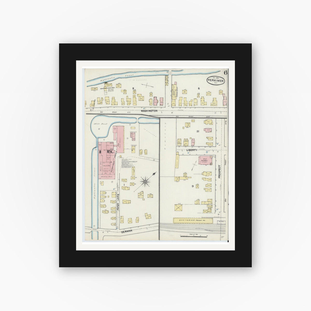 Old map wall art mockup — black gallery frame with white mat — Sanborn Fire Insurance Map from Herkimer, Herkimer County, New York (1890), Sheet #0006