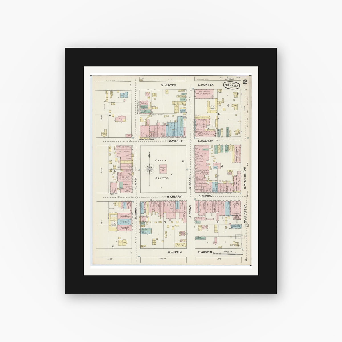 Old map wall art mockup — black gallery frame with white mat — Sanborn Fire Insurance Map from Nevada, Vernon County, Missouri (1890), Sheet #0002