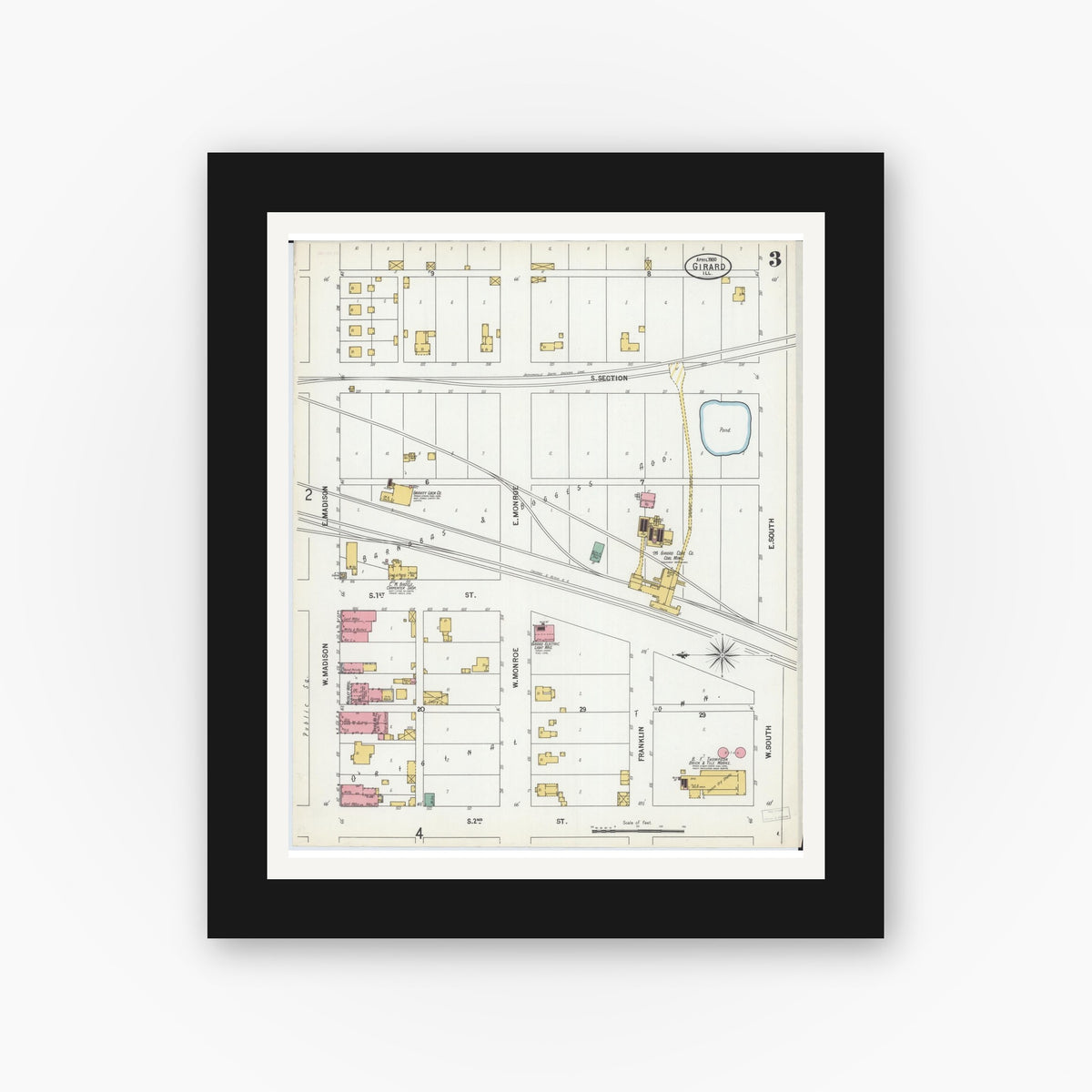Old map wall art mockup — black gallery frame with white mat — Sanborn Fire Insurance Map from Girard, Macoupin County, Illinois (1900), Sheet #0003
