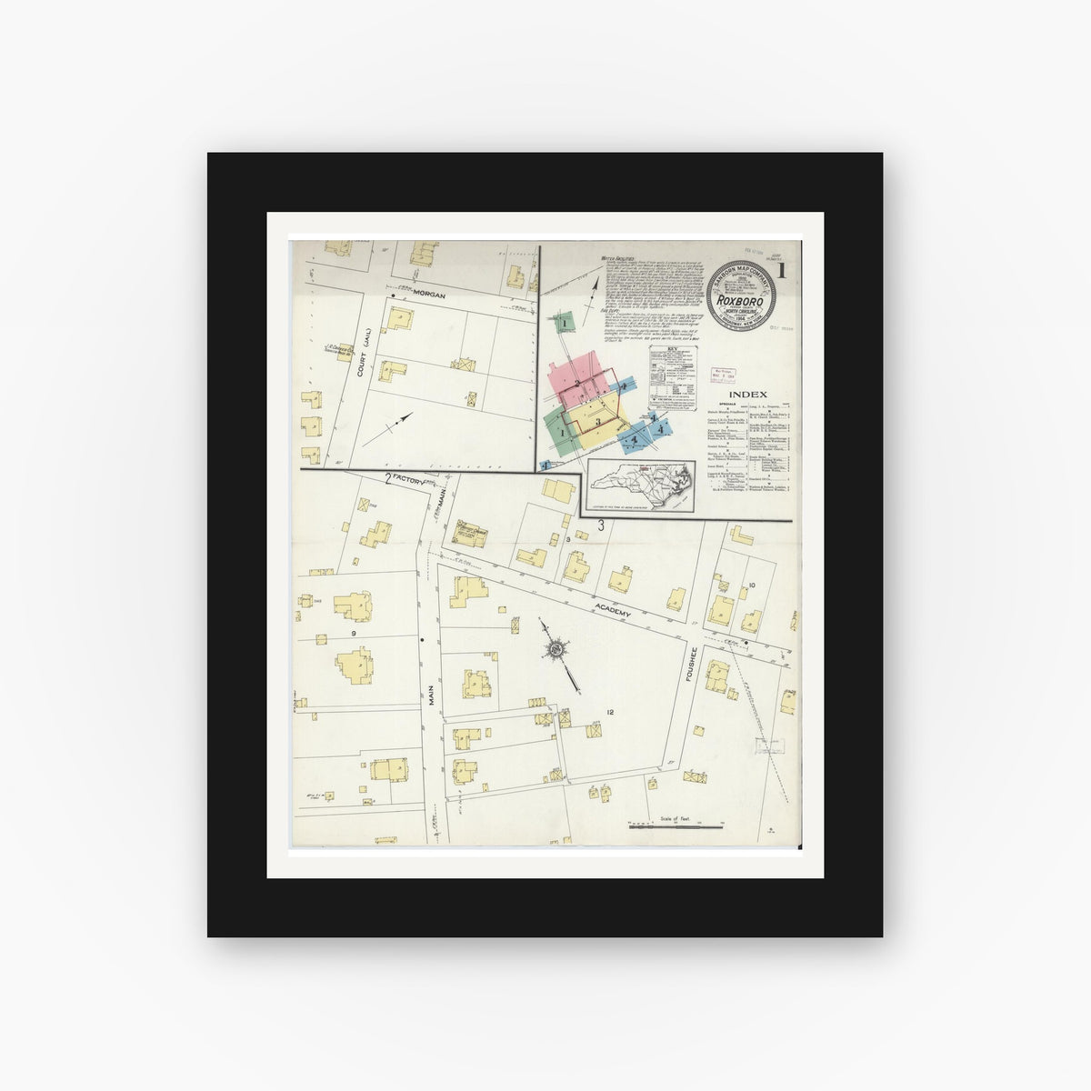 Old map wall art mockup — black gallery frame with white mat — Sanborn Fire Insurance Map from Roxboro, Person County, North Carolina (1914), Sheet #0001
