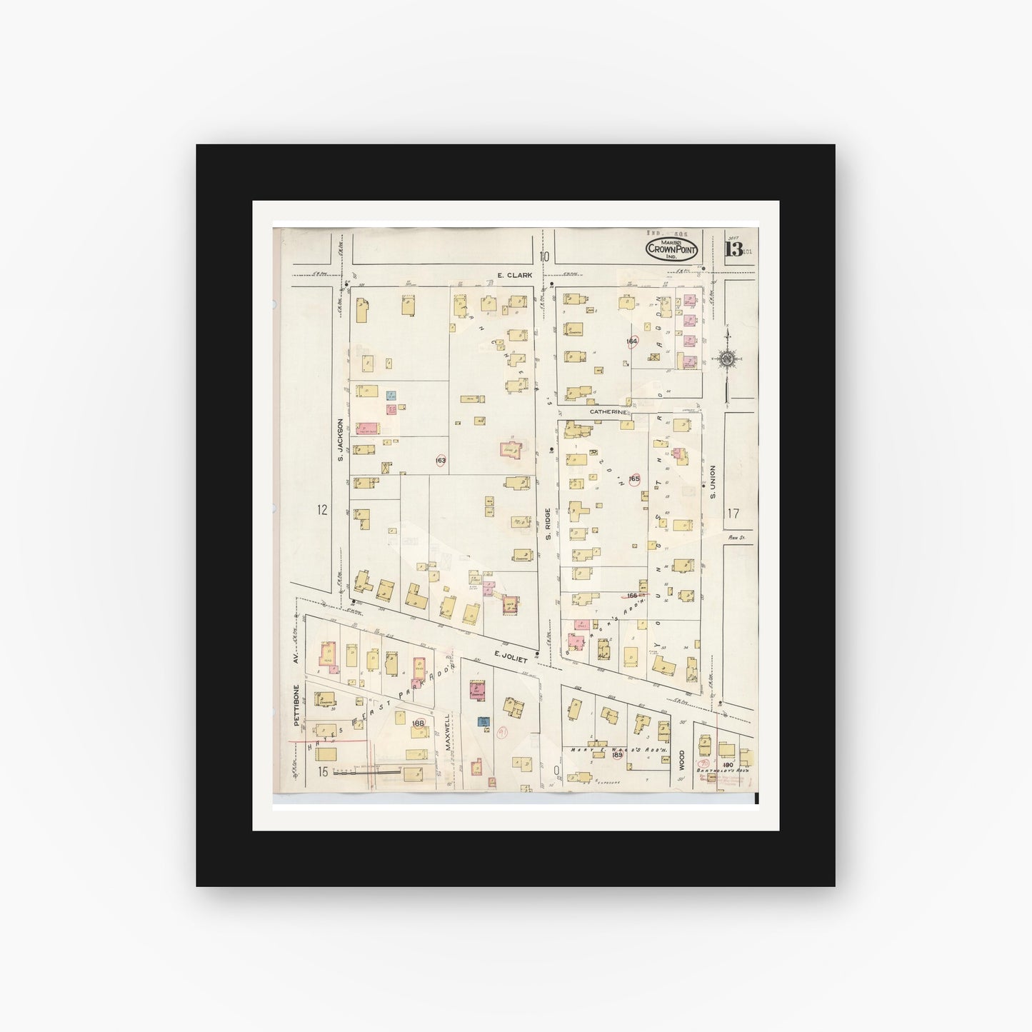 Old map wall art mockup — black gallery frame with white mat — Sanborn Fire Insurance Map from Crown Point, Lake County, Indiana (1948), Sheet #0013