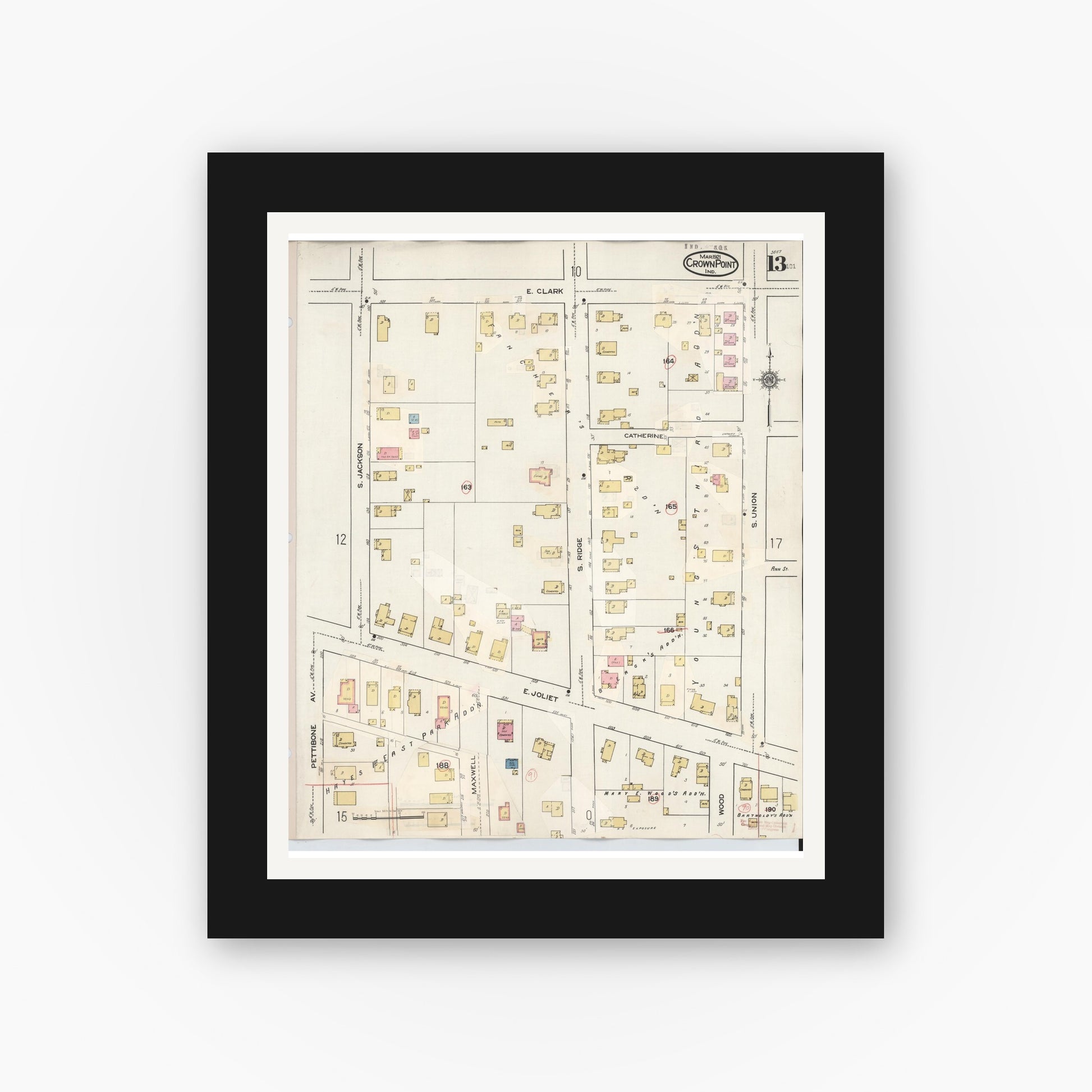 Old map wall art mockup — black gallery frame with white mat — Sanborn Fire Insurance Map from Crown Point, Lake County, Indiana (1948), Sheet #0013