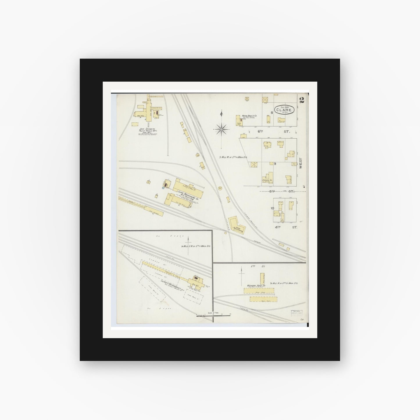 Old map wall art mockup — black gallery frame with white mat — Sanborn Fire Insurance Map from Clare, Clare County, Michigan (1893), Sheet #0002