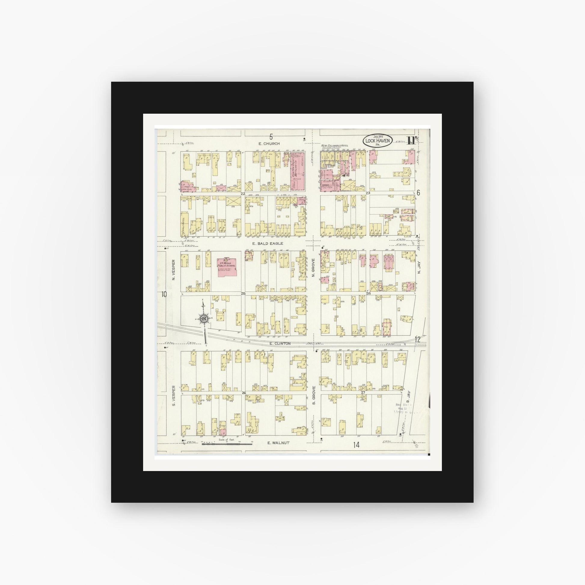 Old map wall art mockup — black gallery frame with white mat — Sanborn Fire Insurance Map from Lock Haven, Clinton County, Pennsylvania (1914), Sheet #0011