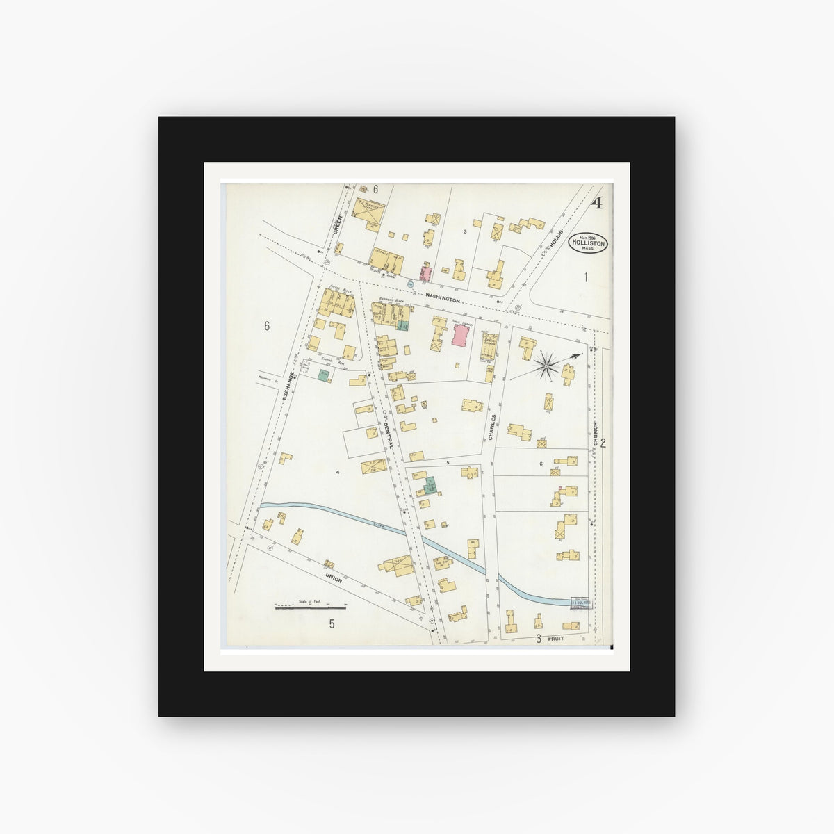 Old map wall art mockup — black gallery frame with white mat — Sanborn Fire Insurance Map from Holliston, Middlesex County, Massachusetts (1906), Sheet #0004