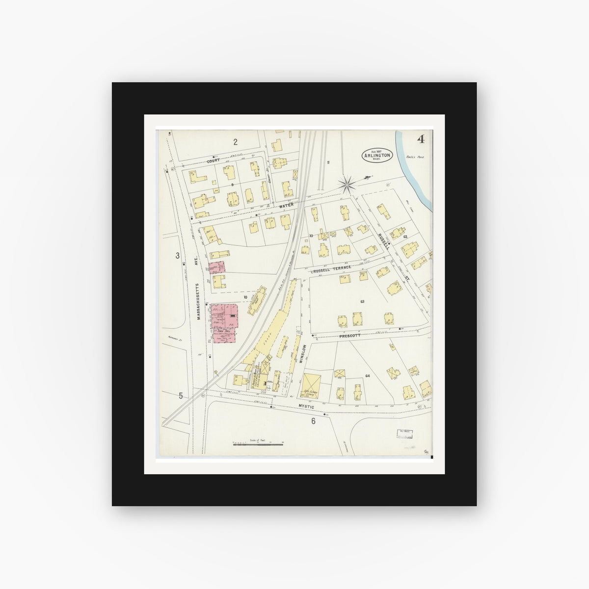 Old map wall art mockup — black gallery frame with white mat — Sanborn Fire Insurance Map from Arlington, Middlesex County, Massachusetts (1897), Sheet #0004