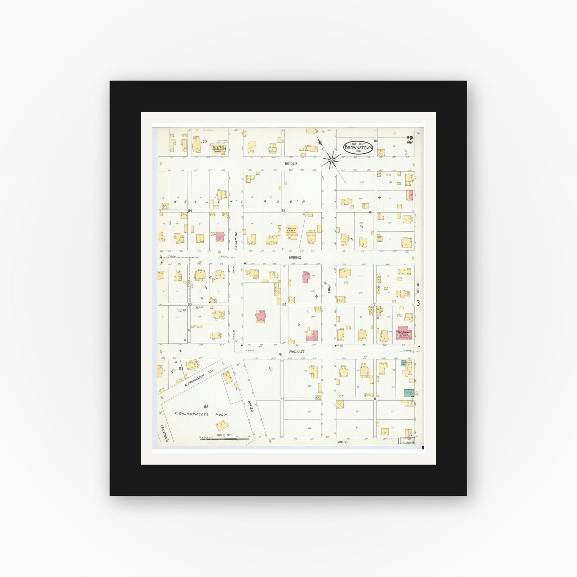 Old map wall art mockup — black gallery frame with white mat — Sanborn Fire Insurance Map from Brownstown, Jackson County, Indiana (1907), Sheet #0002