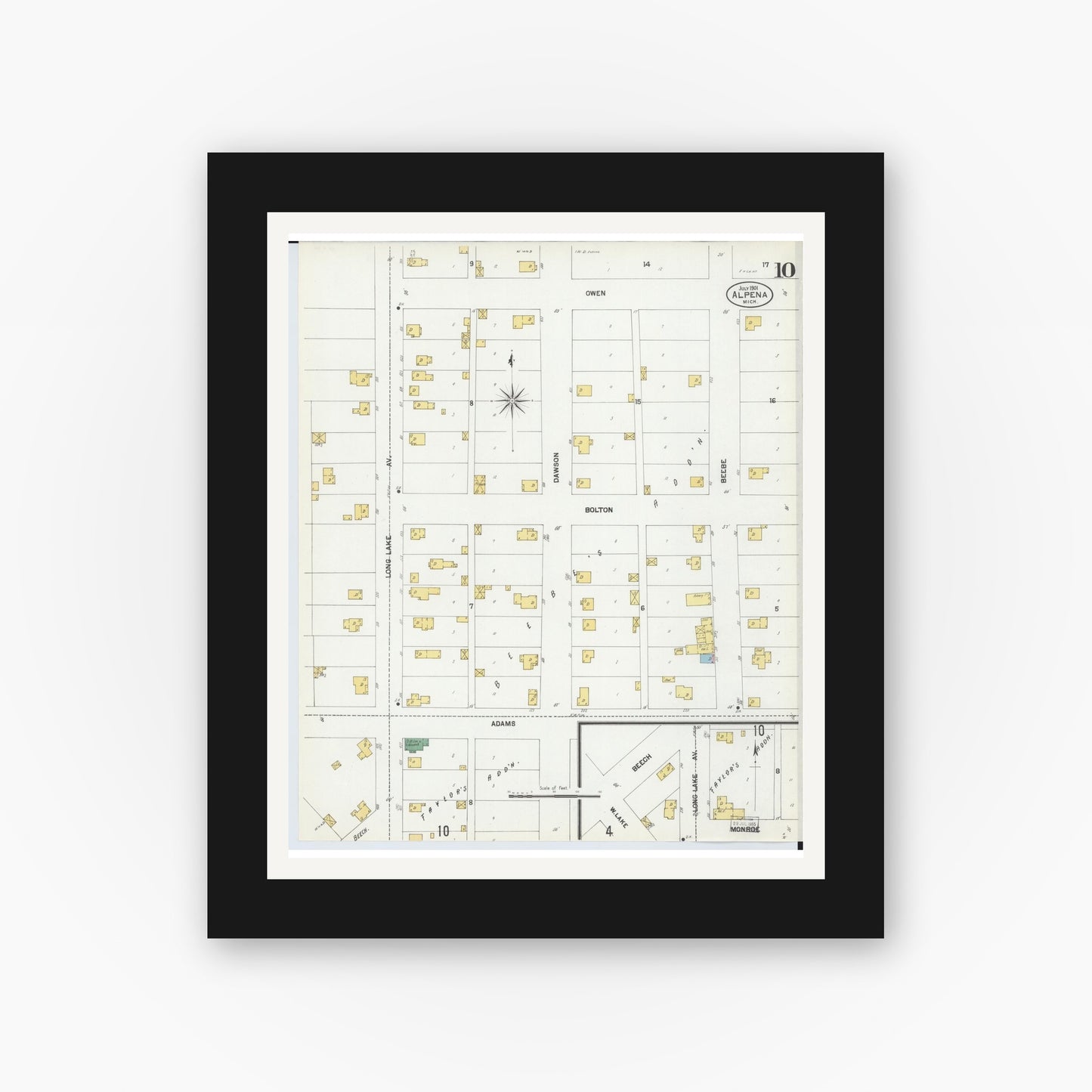 Old map wall art mockup — black gallery frame with white mat — Sanborn Fire Insurance Map from Alpena, Alpena County, Michigan (1901), Sheet #0010