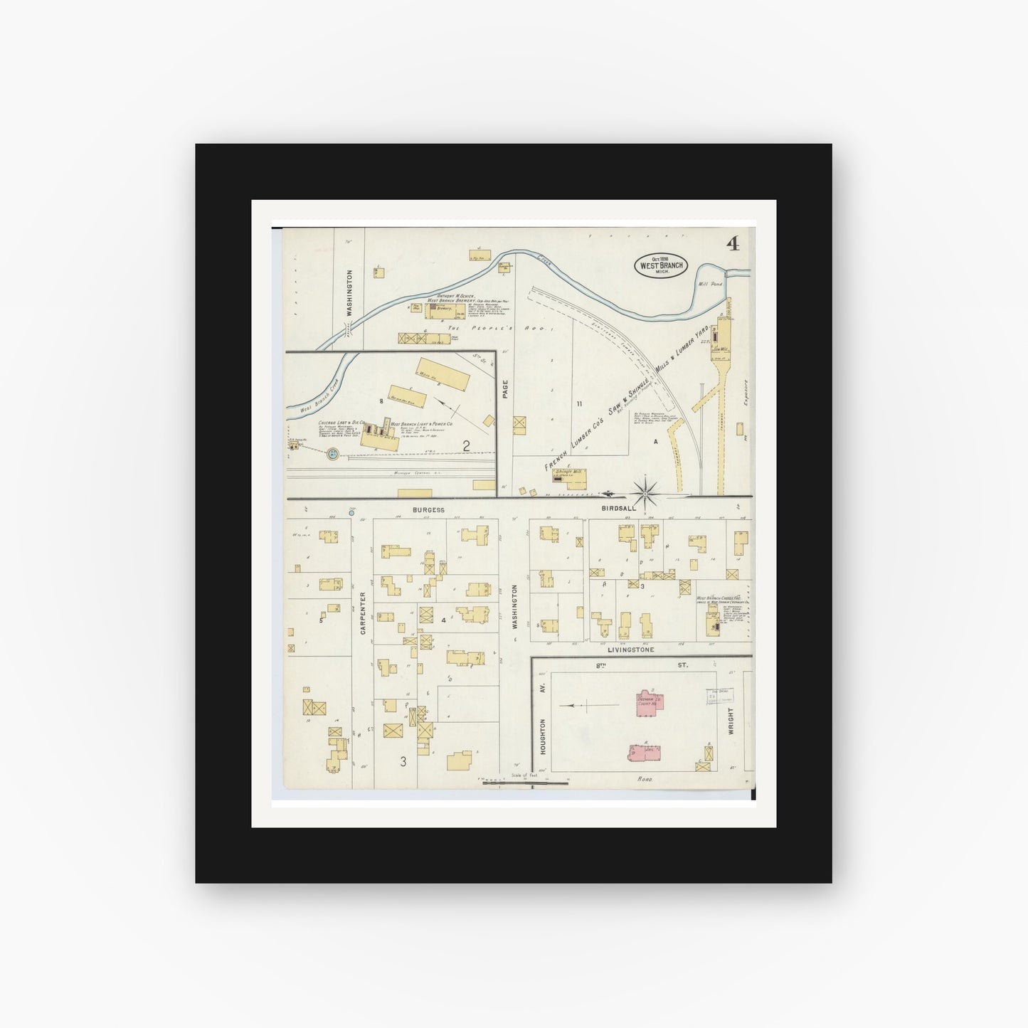 Old map wall art mockup — black gallery frame with white mat — Sanborn Fire Insurance Map from West Branch, Ogemaw County, Michigan (1898), Sheet #0004