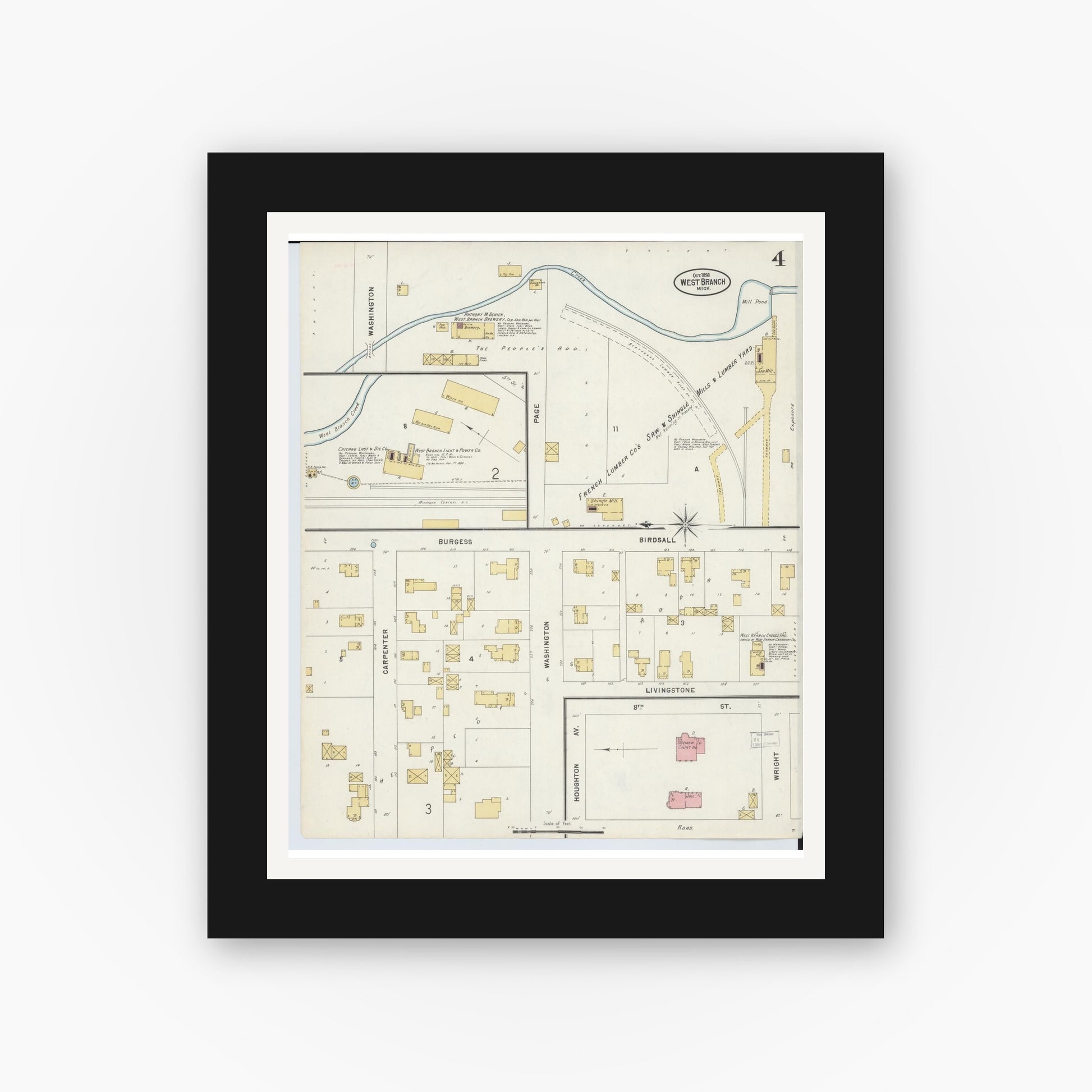 Old map wall art mockup — black gallery frame with white mat — Sanborn Fire Insurance Map from West Branch, Ogemaw County, Michigan (1898), Sheet #0004