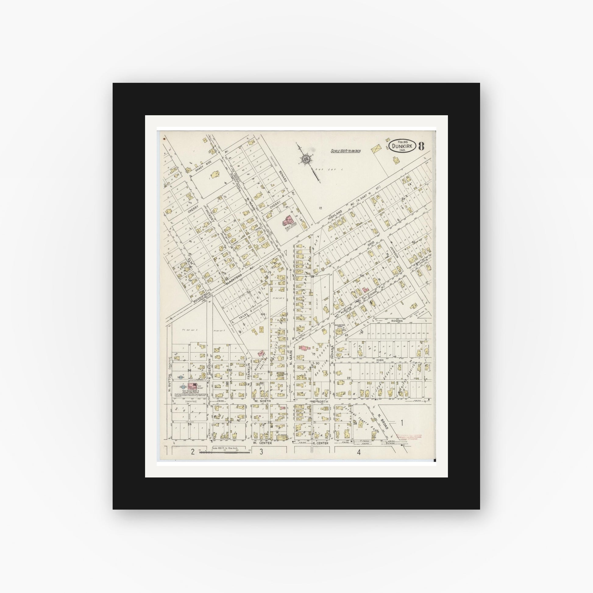 Old map wall art mockup — black gallery frame with white mat — Sanborn Fire Insurance Map from Dunkirk, Jay And Blackford Counties, Indiana (1915), Sheet #0008