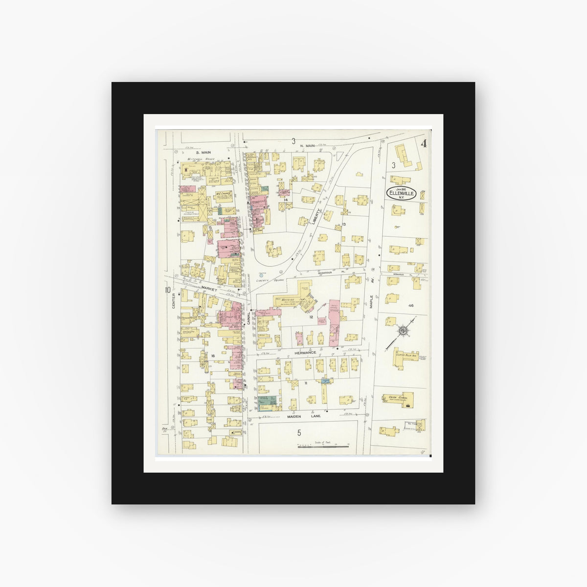 Old map wall art mockup — black gallery frame with white mat — Sanborn Fire Insurance Map from Ellenville, Ulster County, New York (1910), Sheet #0004