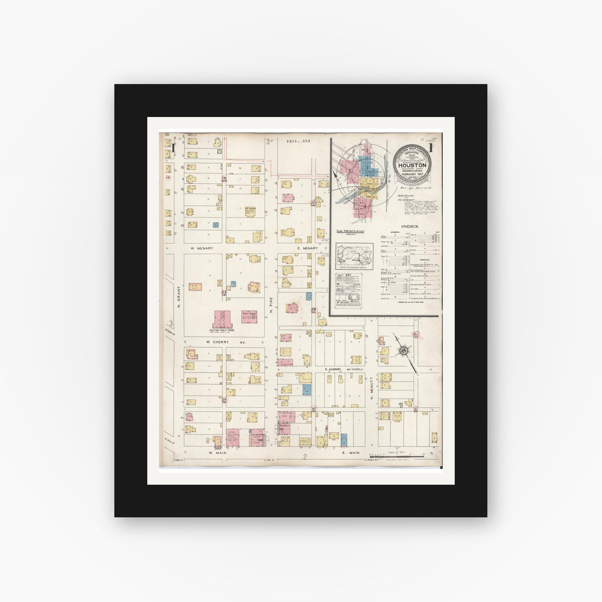 Old map wall art mockup — black gallery frame with white mat — Sanborn Fire Insurance Map from Houston, Washington County, Pennsylvania (1936), Sheet #0001