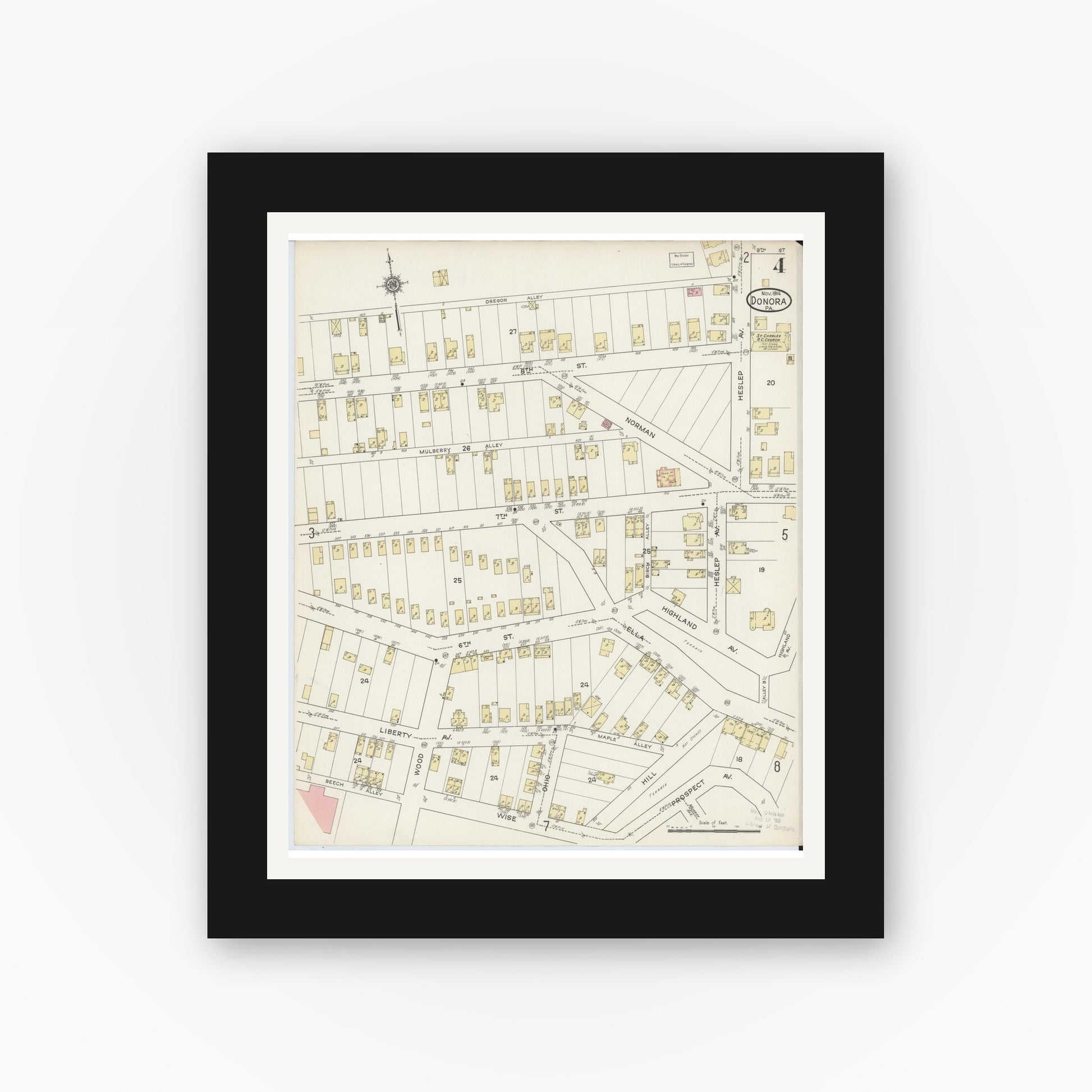 Old map wall art mockup — black gallery frame with white mat — Sanborn Fire Insurance Map from Donora, Washington County, Pennsylvania (1914), Sheet #0004