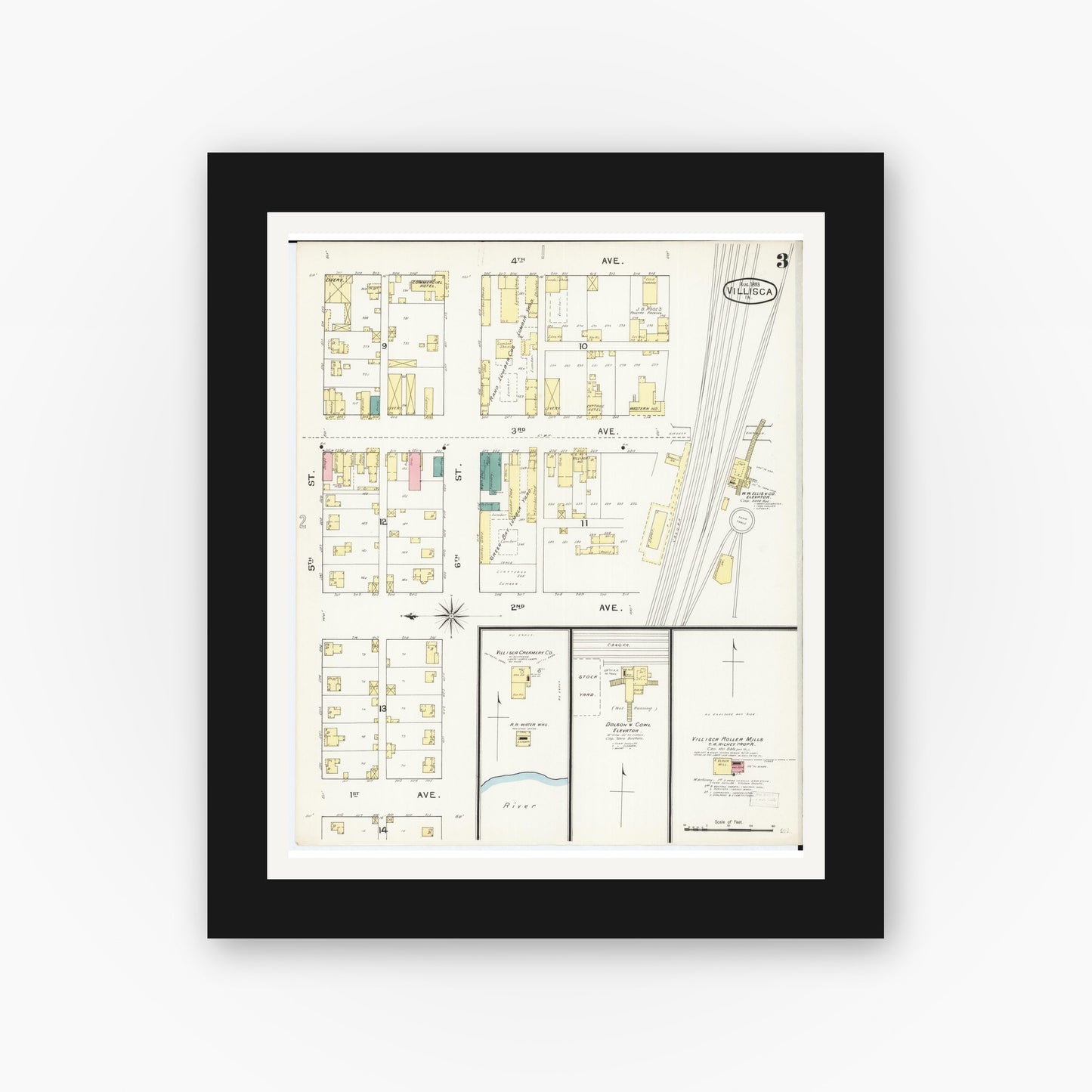 Old map wall art mockup — black gallery frame with white mat — Sanborn Fire Insurance Map from Villisca, Montgomery County, Iowa (1893), Sheet #0003