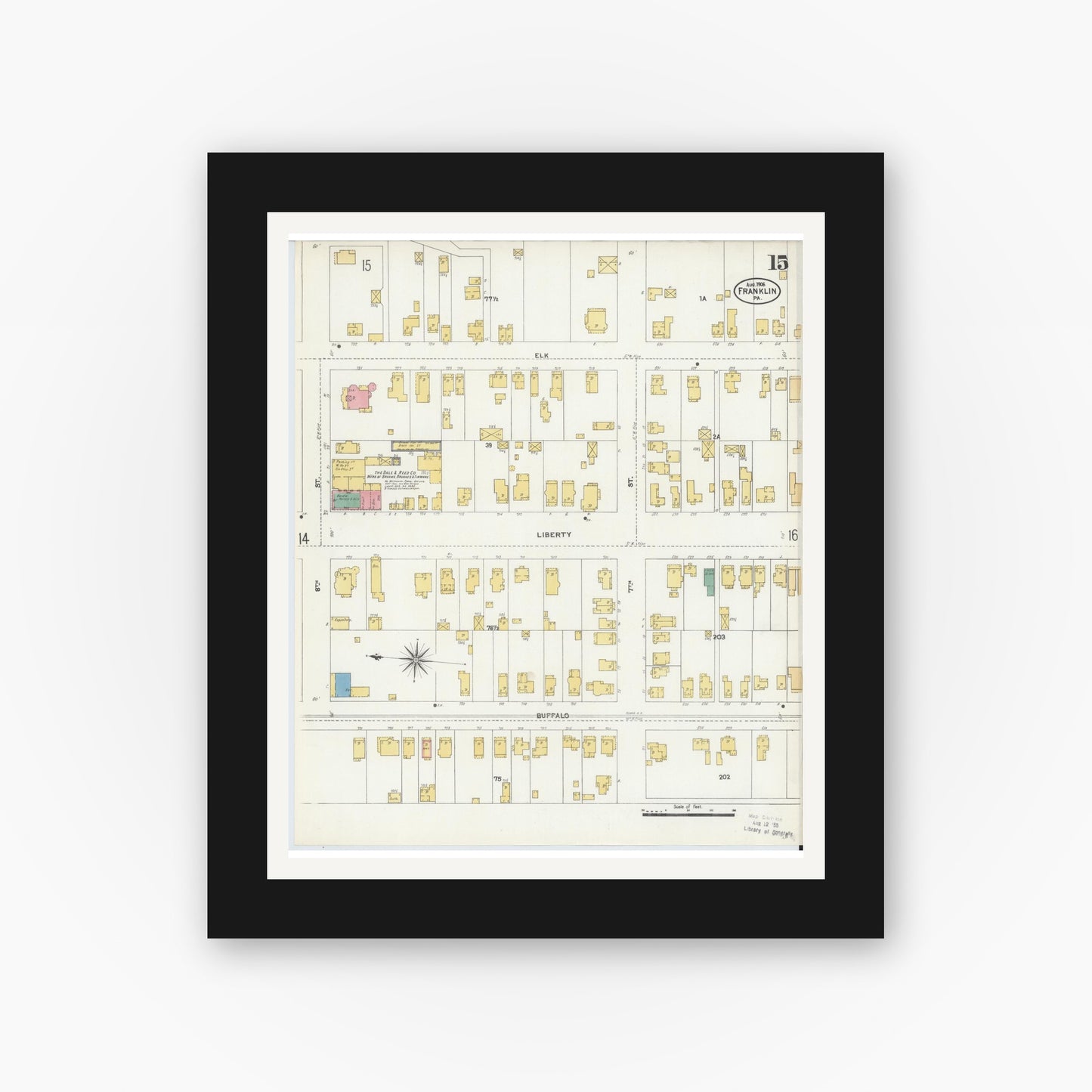 Old map wall art mockup — black gallery frame with white mat — Sanborn Fire Insurance Map from Franklin, Venango County, Pennsylvania (1906), Sheet #0015