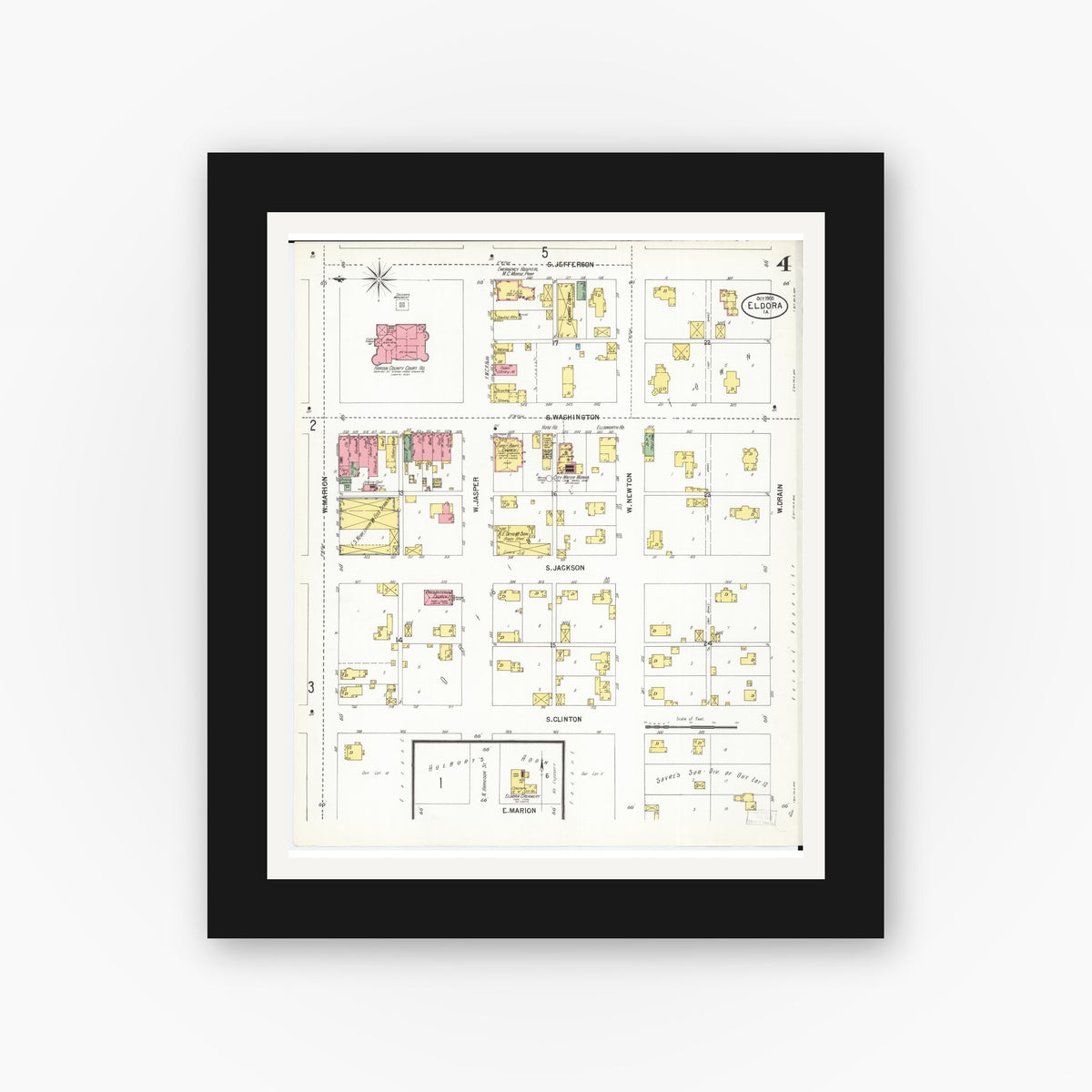 Old map wall art mockup — black gallery frame with white mat — Sanborn Fire Insurance Map from Eldora, Hardin County, Iowa (1900), Sheet #0004