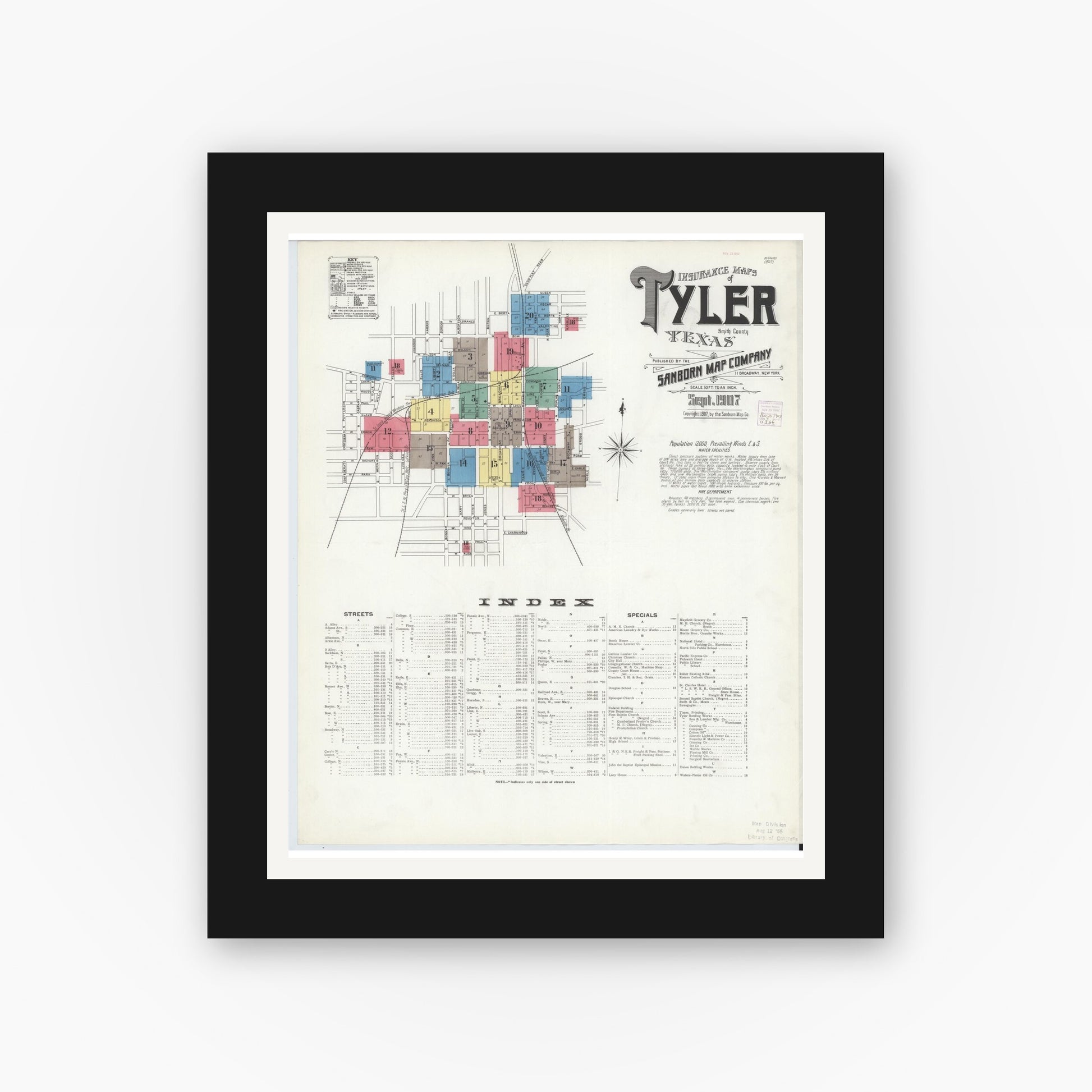 Old map wall art mockup — black gallery frame with white mat — Sanborn Fire Insurance Map from Tyler, Smith County, Texas (1907) - Complete Map Set