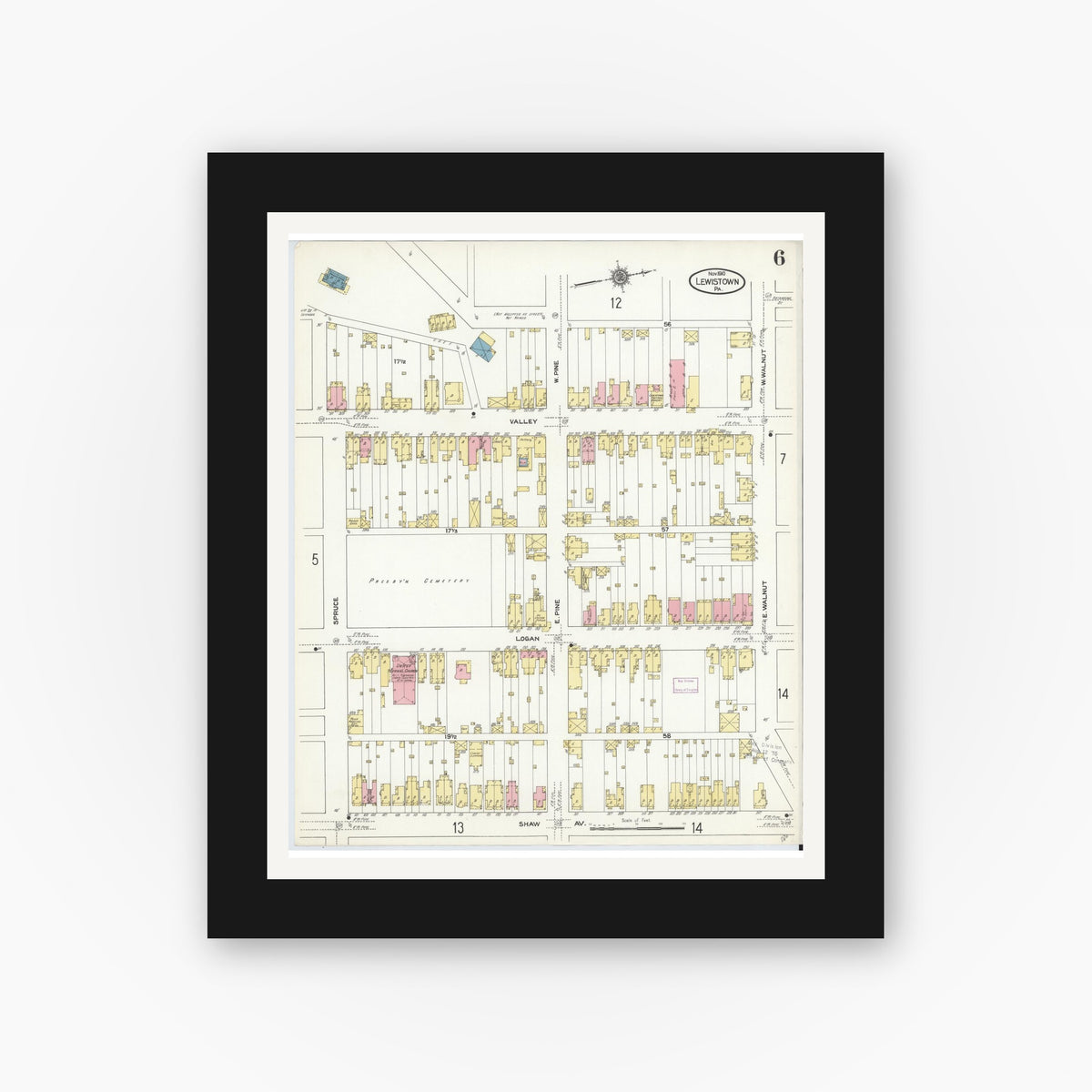 Old map wall art mockup — black gallery frame with white mat — Sanborn Fire Insurance Map from Lewistown, Mifflin County, Pennsylvania (1910), Sheet #0006
