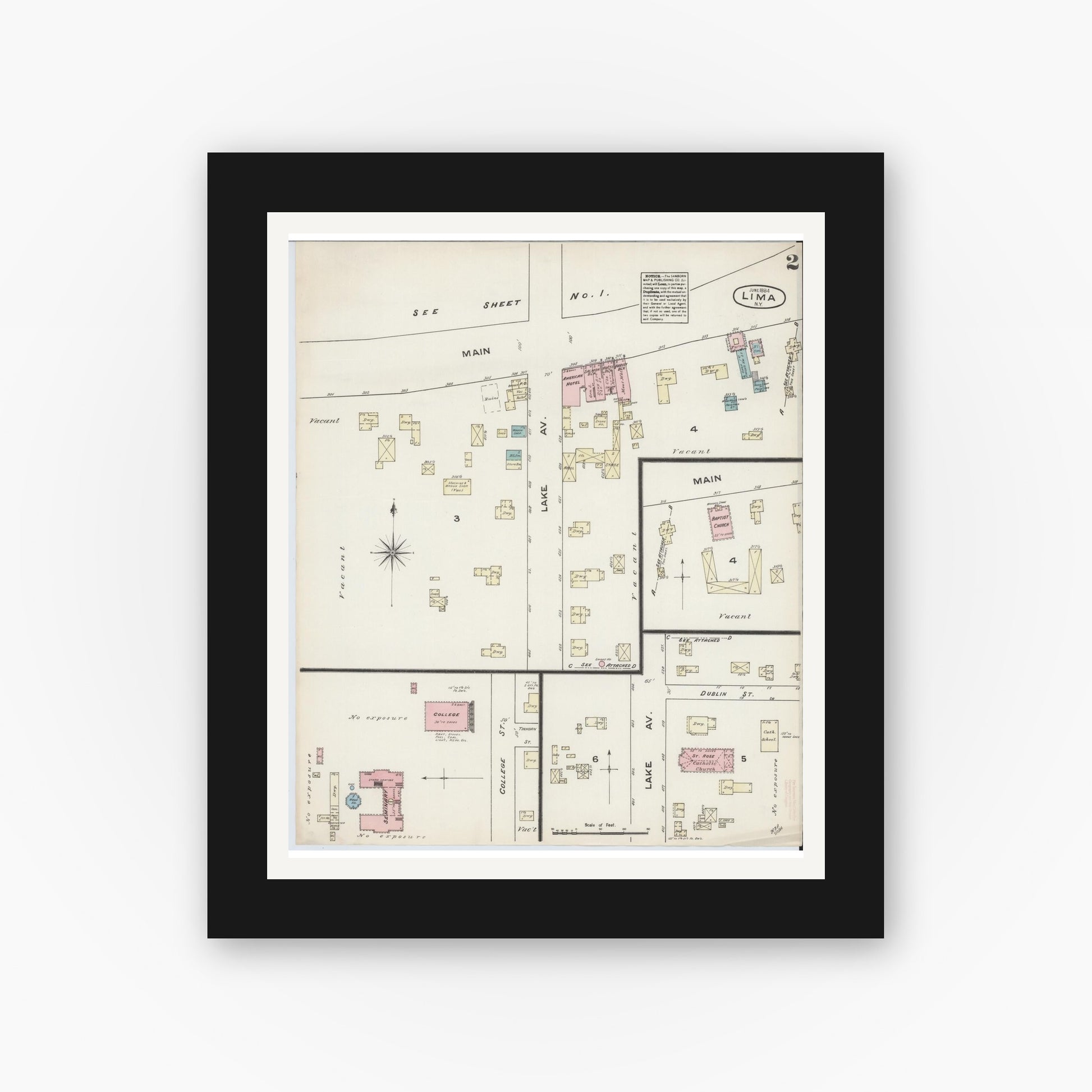Old map wall art mockup — black gallery frame with white mat — Sanborn Fire Insurance Map from Lima, Livingston County, New York (1884), Sheet #0002