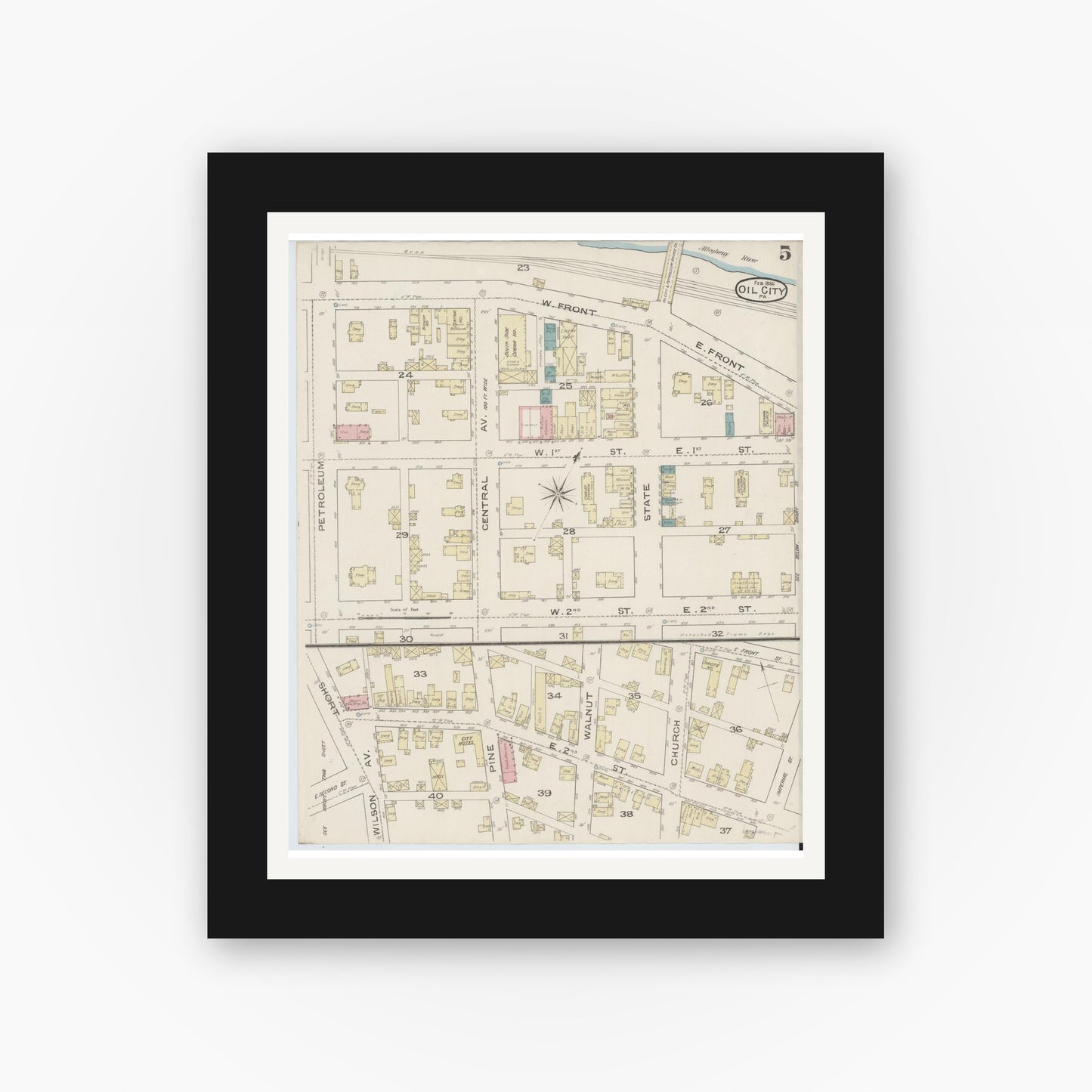 Old map wall art mockup — black gallery frame with white mat — Sanborn Fire Insurance Map from Oil City, Venango County, Pennsylvania (1888), Sheet #0005