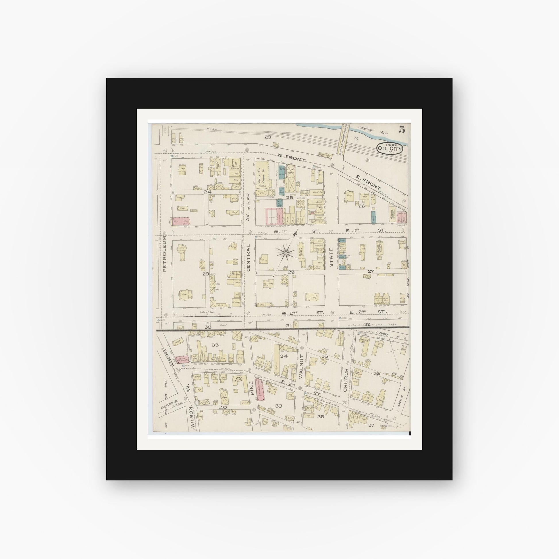 Old map wall art mockup — black gallery frame with white mat — Sanborn Fire Insurance Map from Oil City, Venango County, Pennsylvania (1888), Sheet #0005