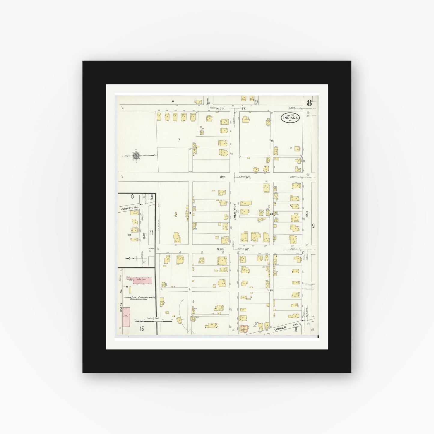 Old map wall art mockup — black gallery frame with white mat — Sanborn Fire Insurance Map from Indiana, Indiana County, Pennsylvania (1910), Sheet #0008