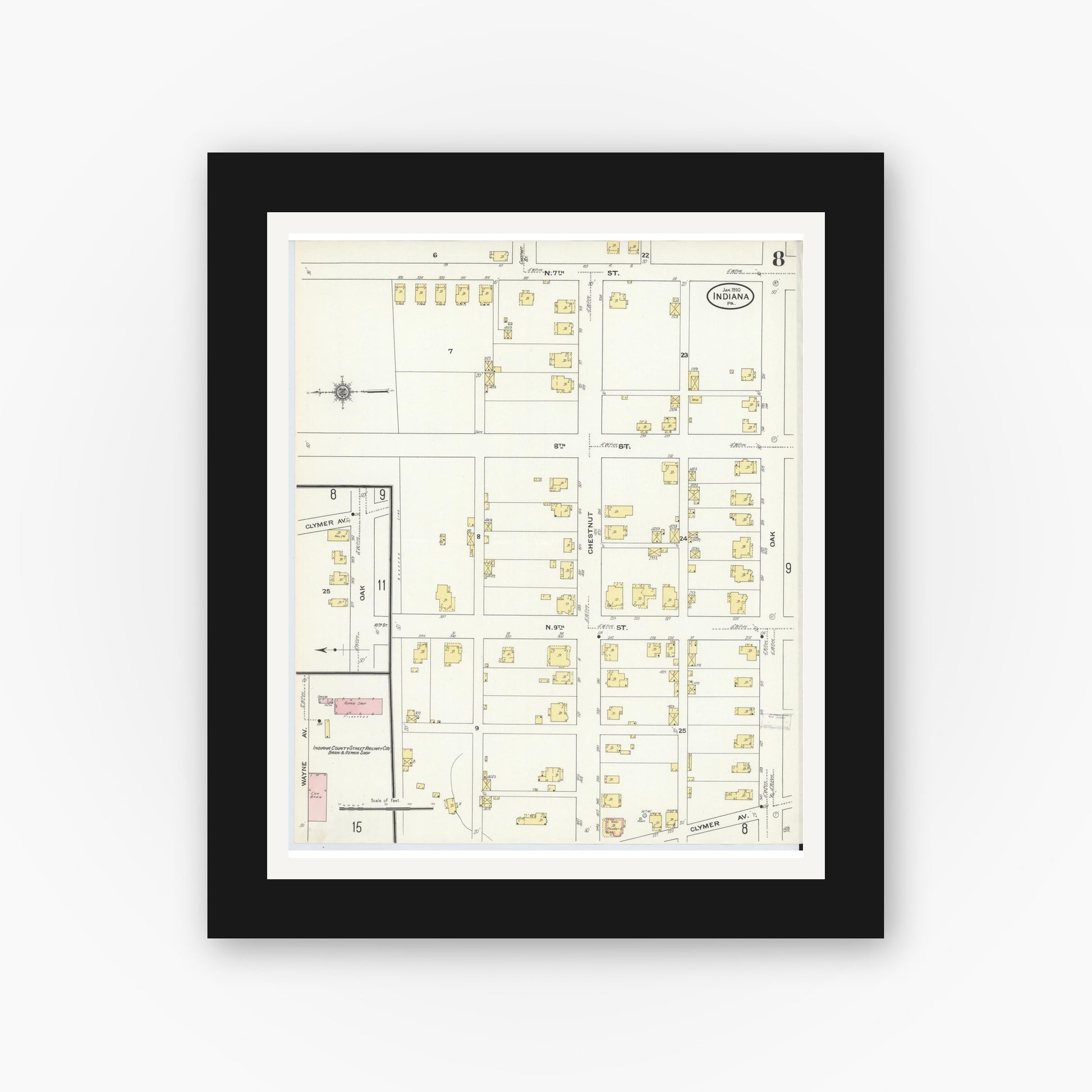 Old map wall art mockup — black gallery frame with white mat — Sanborn Fire Insurance Map from Indiana, Indiana County, Pennsylvania (1910), Sheet #0008