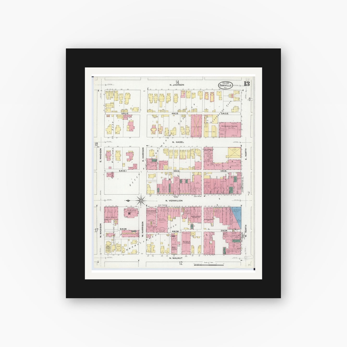 Old map wall art mockup — black gallery frame with white mat — Sanborn Fire Insurance Map from Danville, Vermilion County, Illinois (1909), Sheet #0013