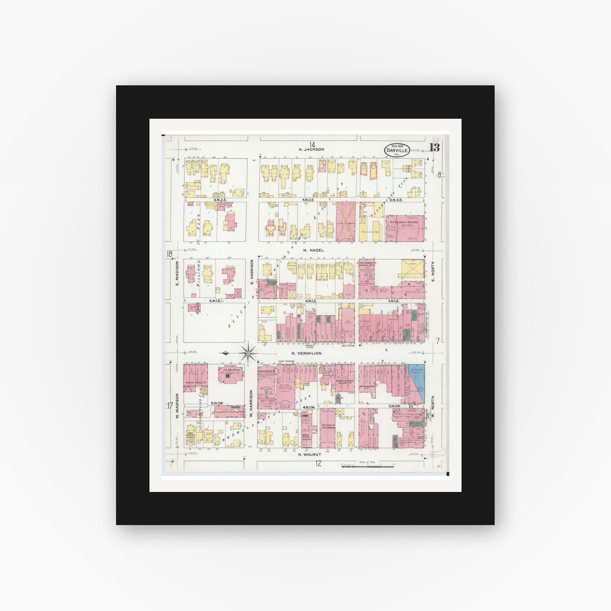 Old map wall art mockup — black gallery frame with white mat — Sanborn Fire Insurance Map from Danville, Vermilion County, Illinois (1909), Sheet #0013