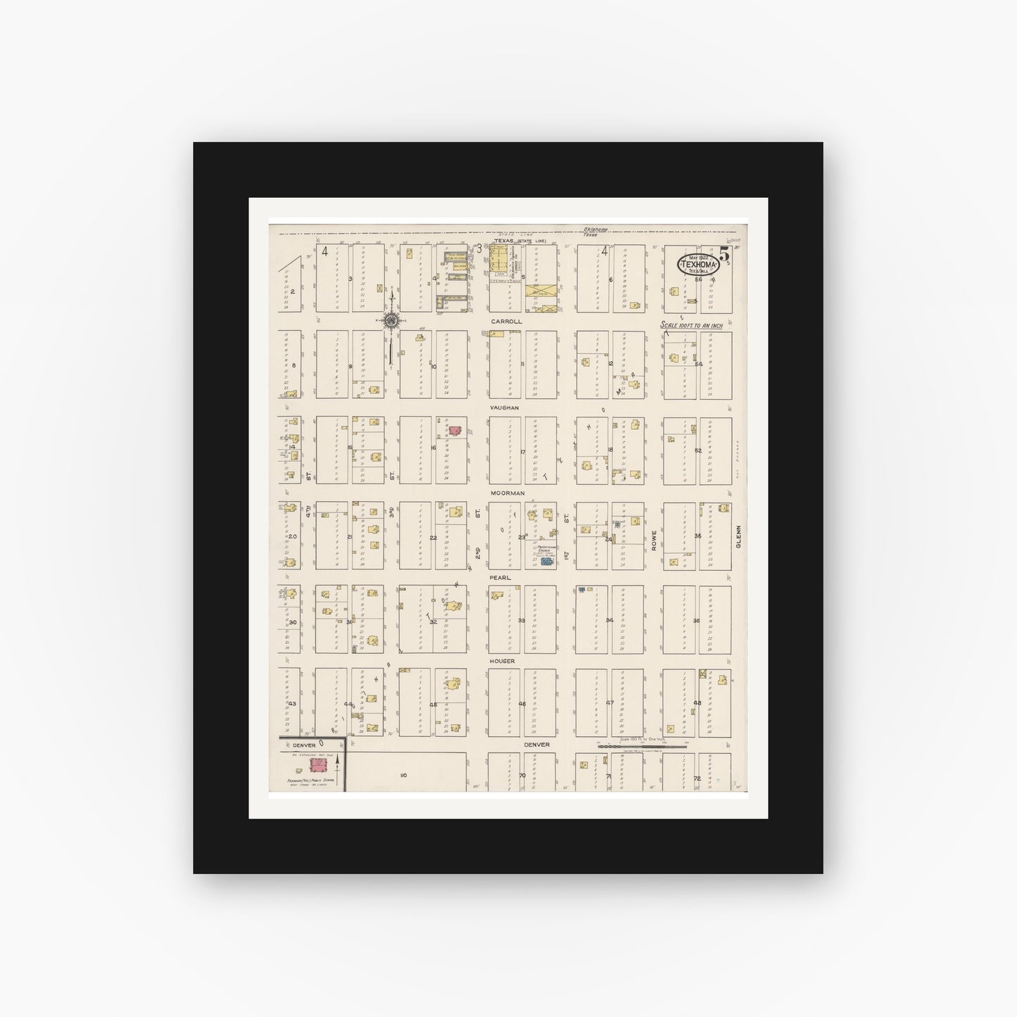 Old map wall art mockup — black gallery frame with white mat — Sanborn Fire Insurance Map from Texhoma, Texas County, Oklahoma and Sherman County, Texas, Texas (1922), Sheet #0005
