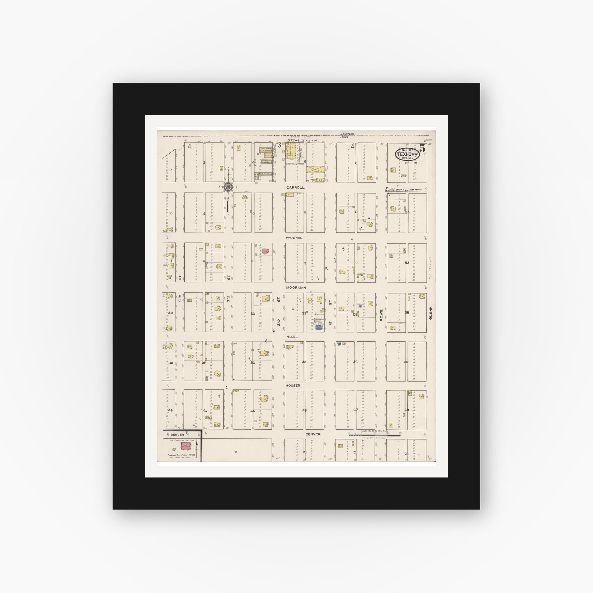 Old map wall art mockup — black gallery frame with white mat — Sanborn Fire Insurance Map from Texhoma, Texas County, Oklahoma and Sherman County, Texas, Texas (1922), Sheet #0005