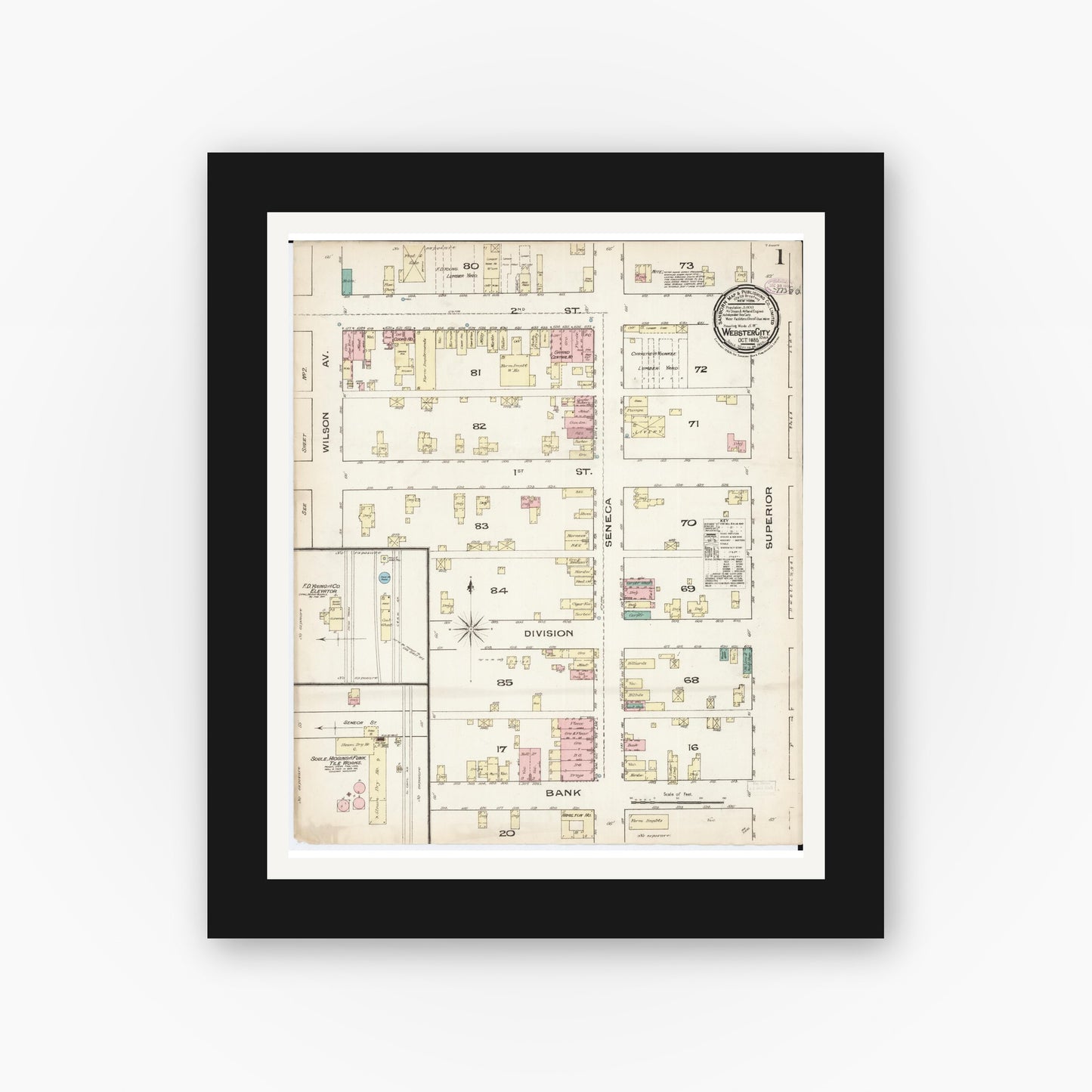 Old map wall art mockup — black gallery frame with white mat — Sanborn Fire Insurance Map from Webster City, Hamilton County, Iowa (1885), Sheet #0001