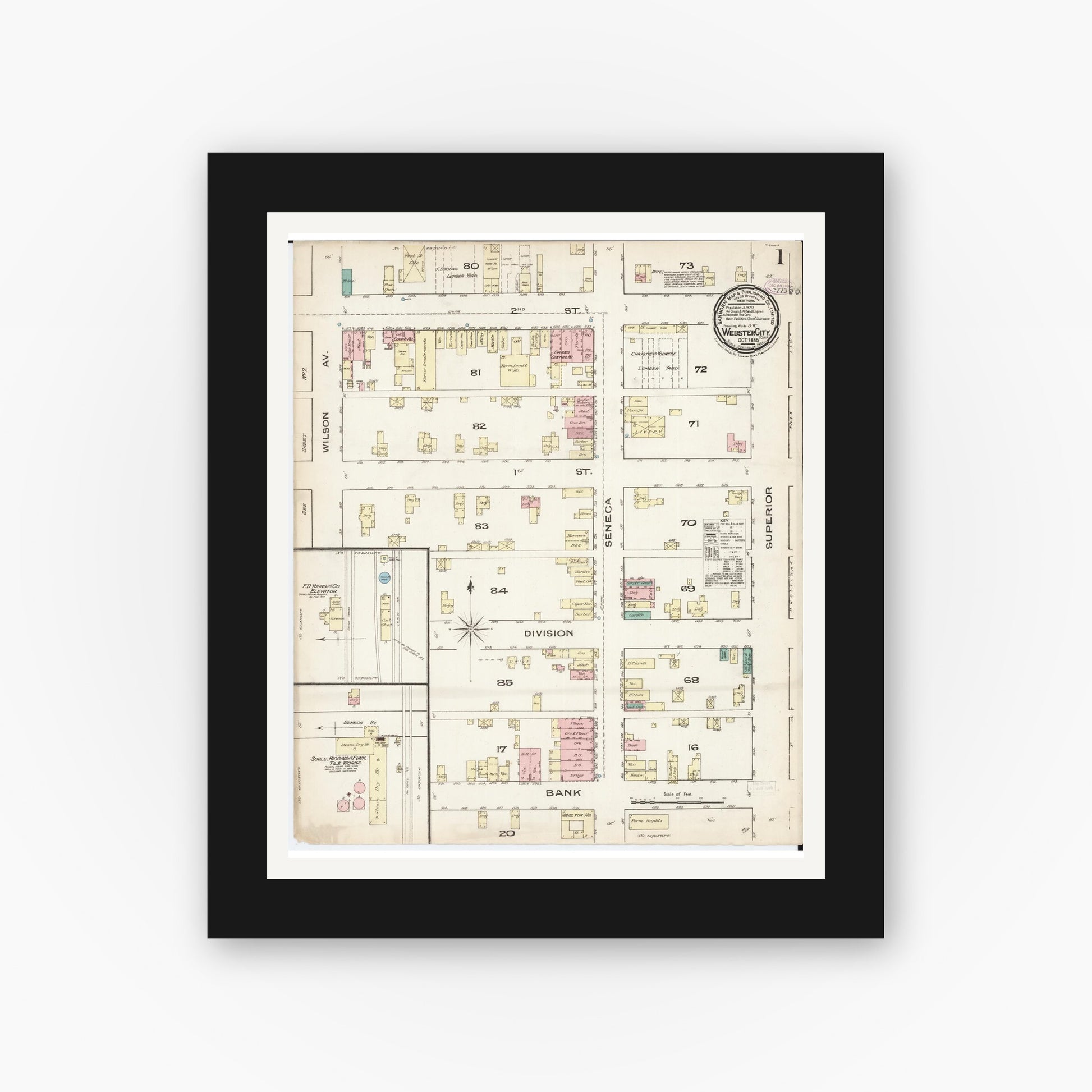 Old map wall art mockup — black gallery frame with white mat — Sanborn Fire Insurance Map from Webster City, Hamilton County, Iowa (1885), Sheet #0001