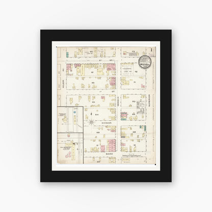 Old map wall art mockup — black gallery frame with white mat — Sanborn Fire Insurance Map from Webster City, Hamilton County, Iowa (1885), Sheet #0001