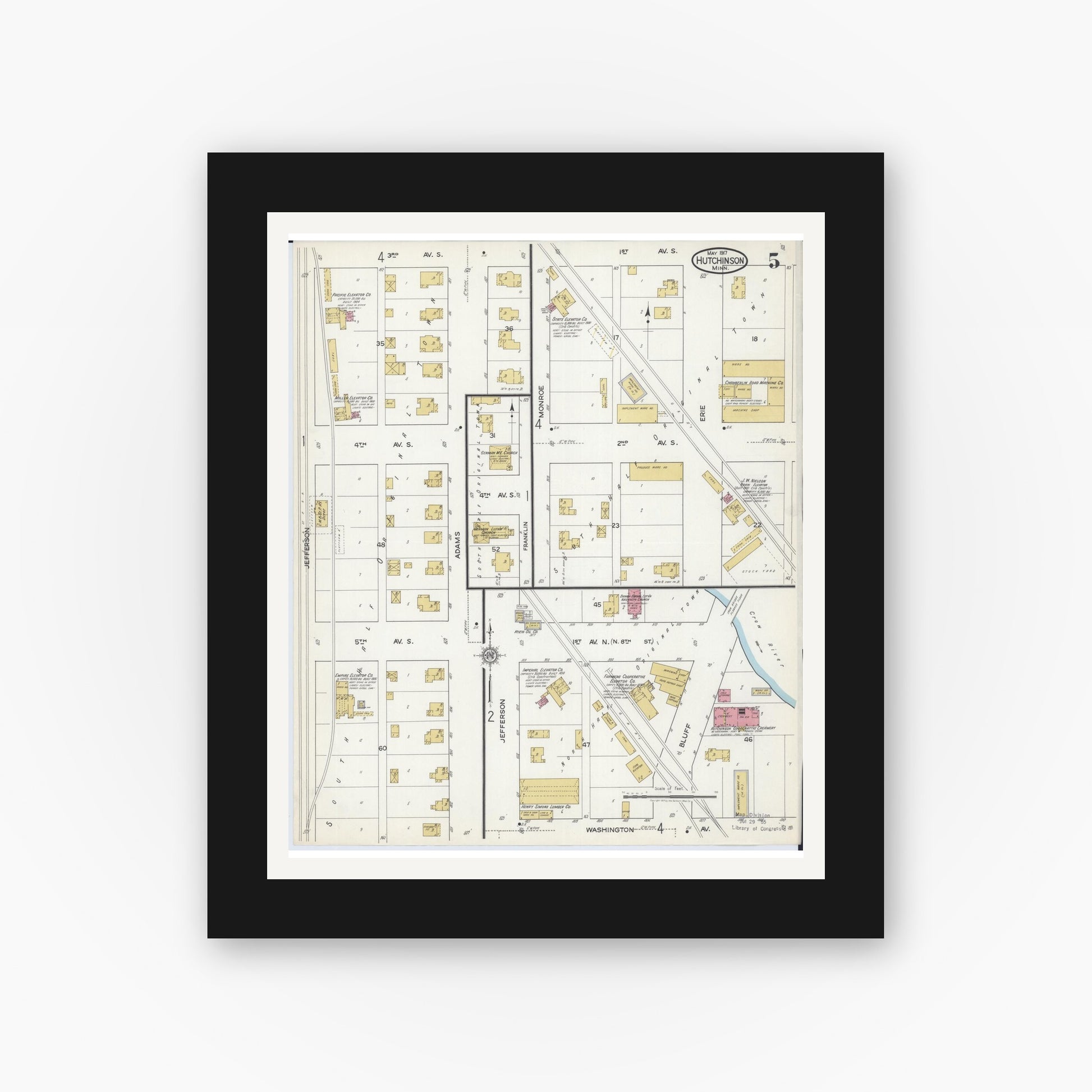 Old map wall art mockup — black gallery frame with white mat — Sanborn Fire Insurance Map from Hutchinson, Mcleod County, Minnesota (1917), Sheet #0005