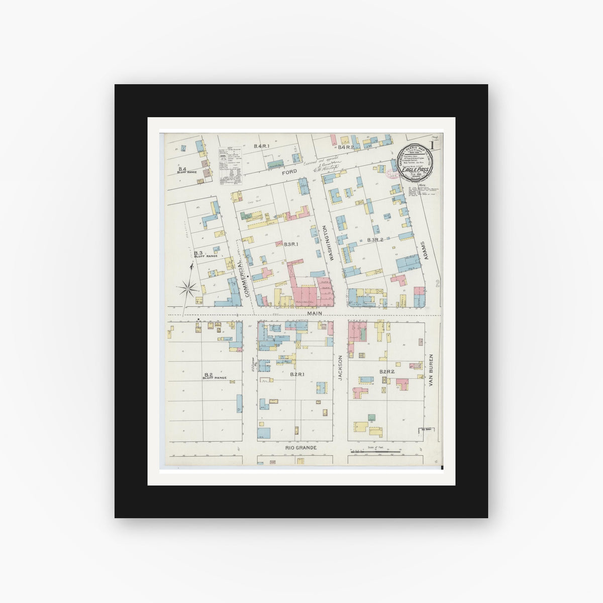Old map wall art mockup — black gallery frame with white mat — Sanborn Fire Insurance Map from Eagle Pass, Maverick County, Texas (1894) - Complete Map Set