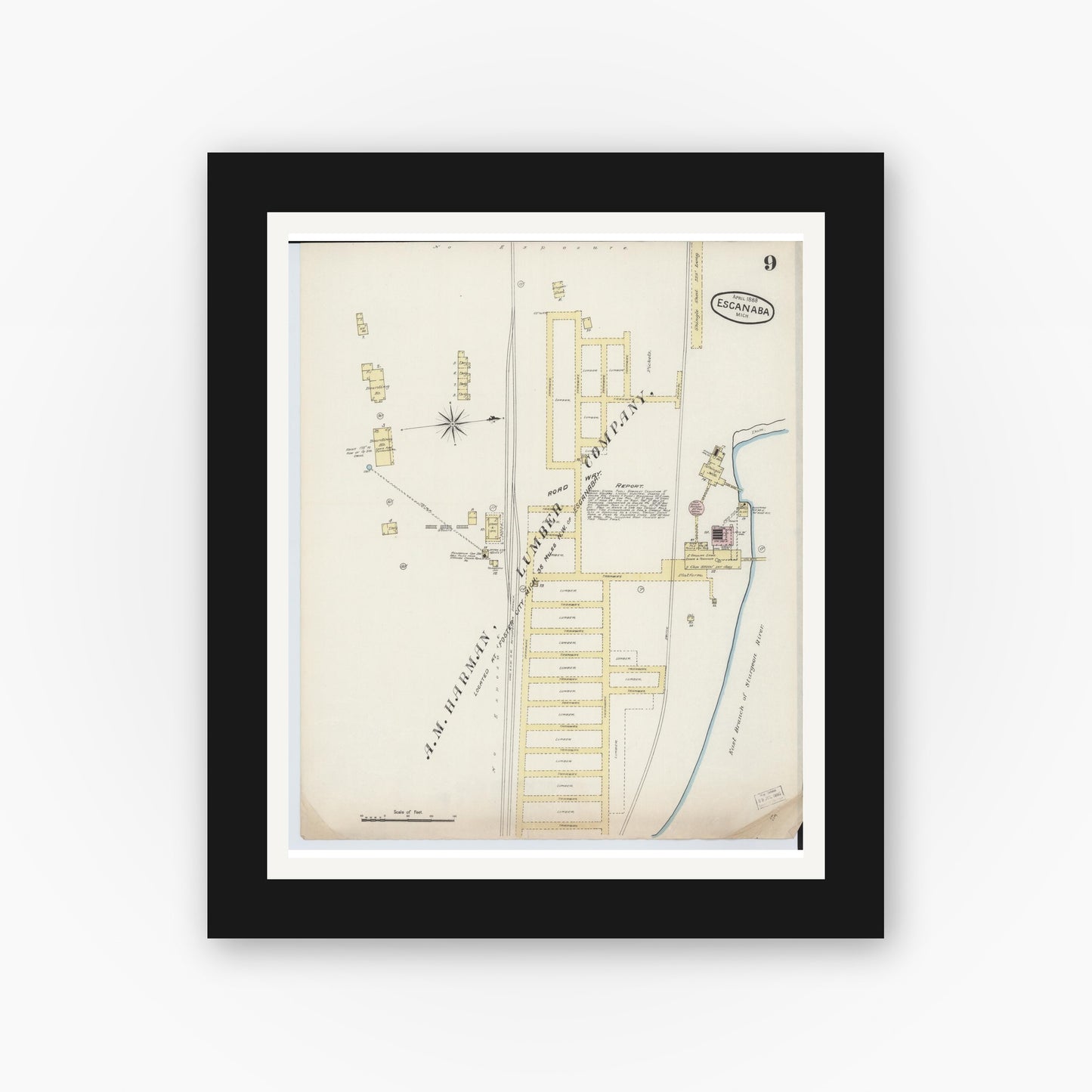 Old map wall art mockup — black gallery frame with white mat — Sanborn Fire Insurance Map from Escanaba, Delta County, Michigan (1888), Sheet #0009