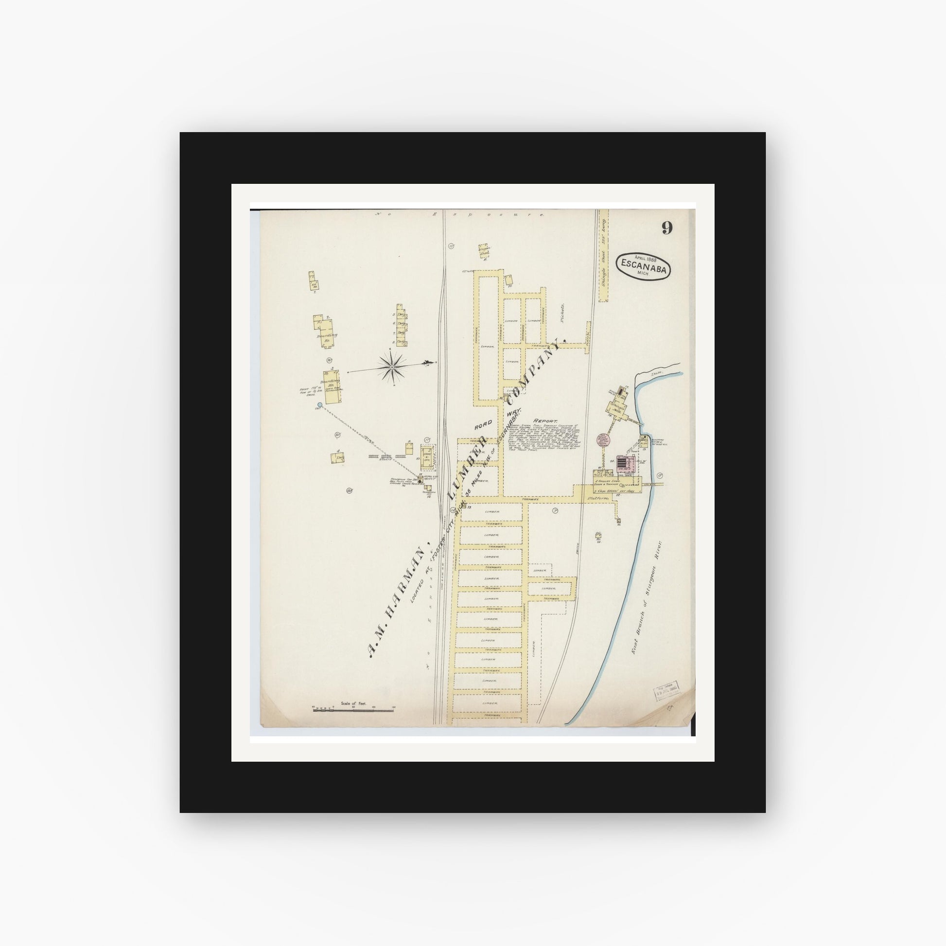 Old map wall art mockup — black gallery frame with white mat — Sanborn Fire Insurance Map from Escanaba, Delta County, Michigan (1888), Sheet #0009